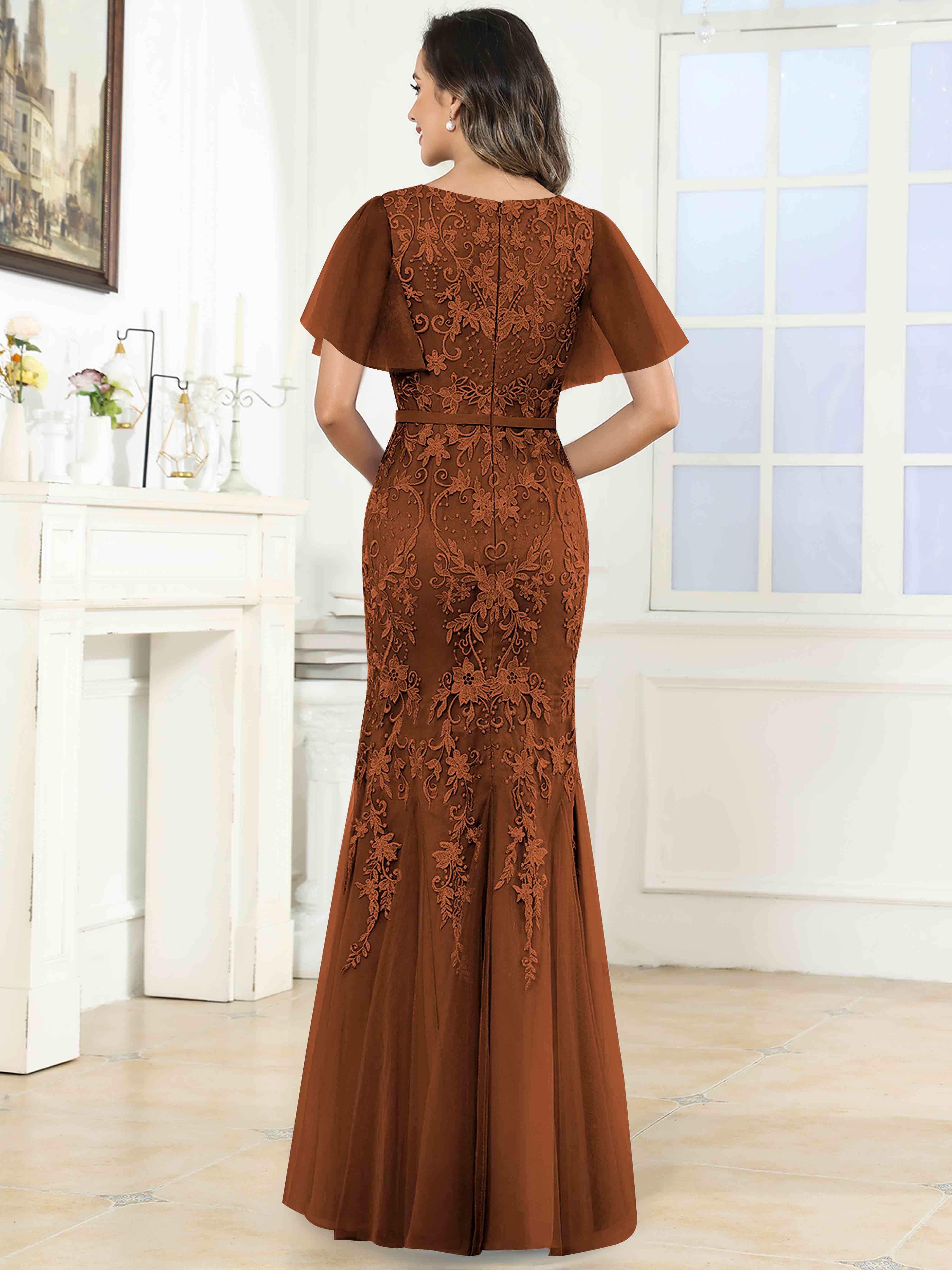 ROVDESY Elegant V-Neck Lace Mermaid Long Mother Of The Bride Dress Formal Gown With Sleeves