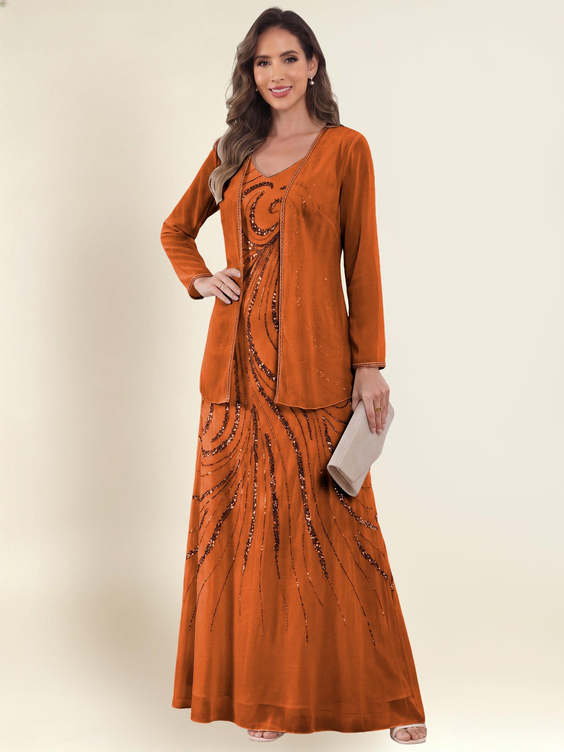 ROVDESY 2 Pieces V-Neck Sequin Chiffon Long Mother Of The Bride Dress With Long Sleeve Jacket