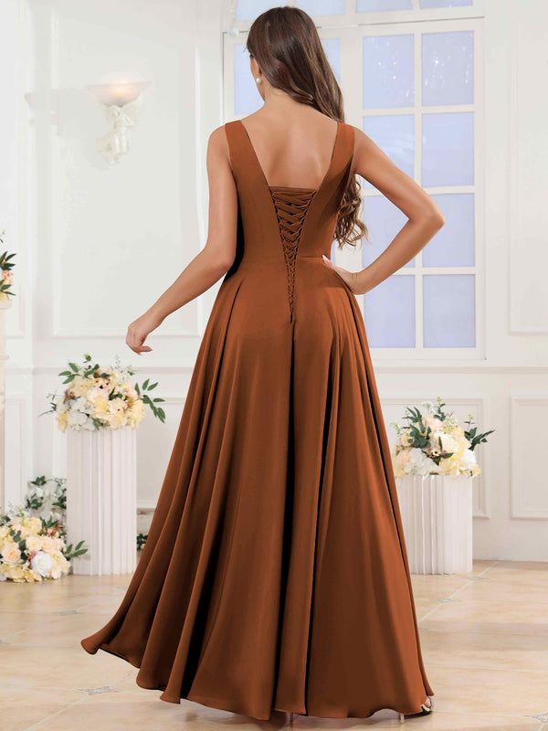 V-Neck Pleated Sleeveless Ruffle Chiffon Bridesmaid Dress With Slit
