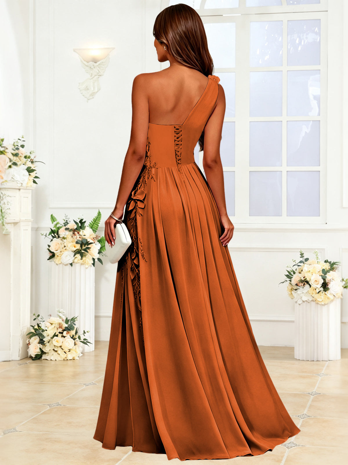 One Shoulder 3D Flower Chiffon Bridesmaid Dress with Slit