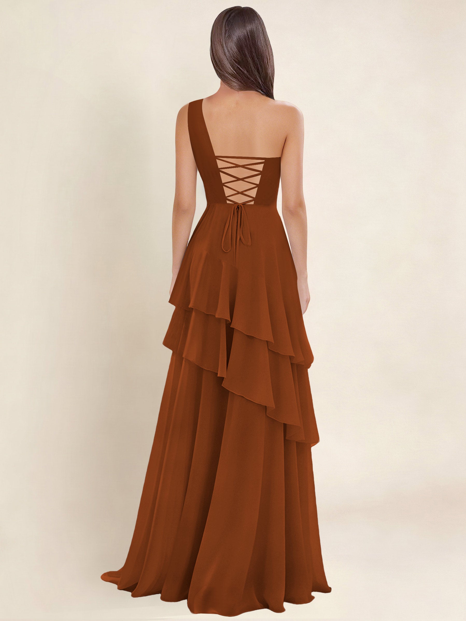 ROVDESY A-Line One Shoulder Pleated Tiered Chiffon Bridesmaid Dress