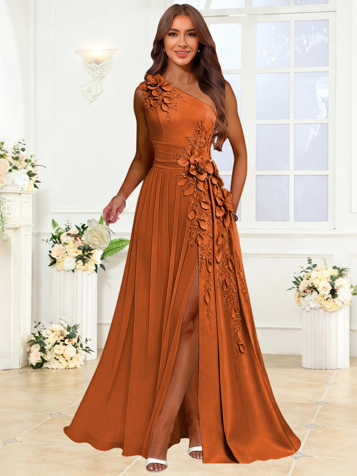 One Shoulder 3D Flower Chiffon Bridesmaid Dress with Slit