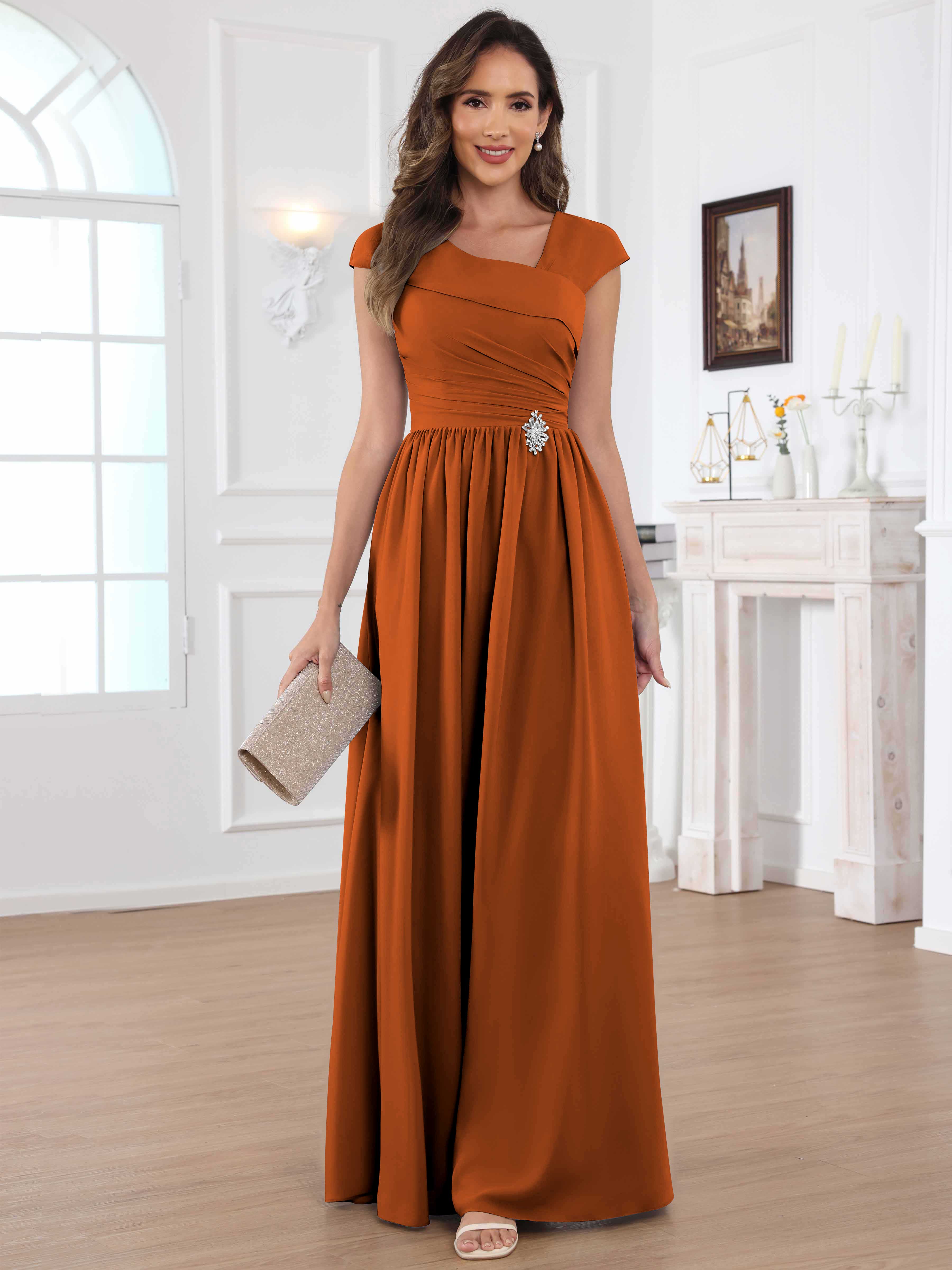 ROVDESY A-Line Cap Sleeves Pleated Chiffon Mother Of The Bride Dress