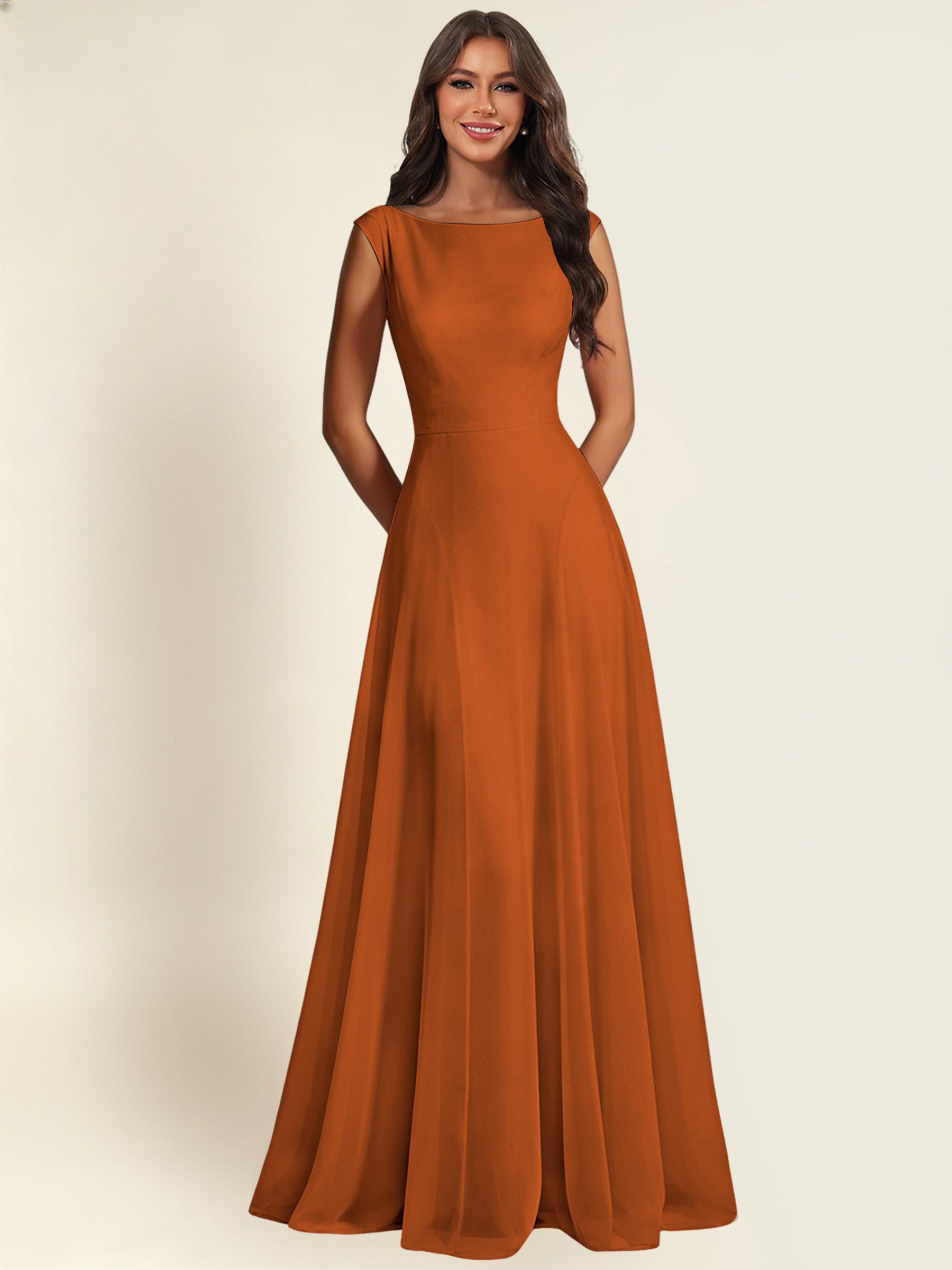 ROVDESY A-Line Chiffon Long Bridesmaid Dress With Sleeveless