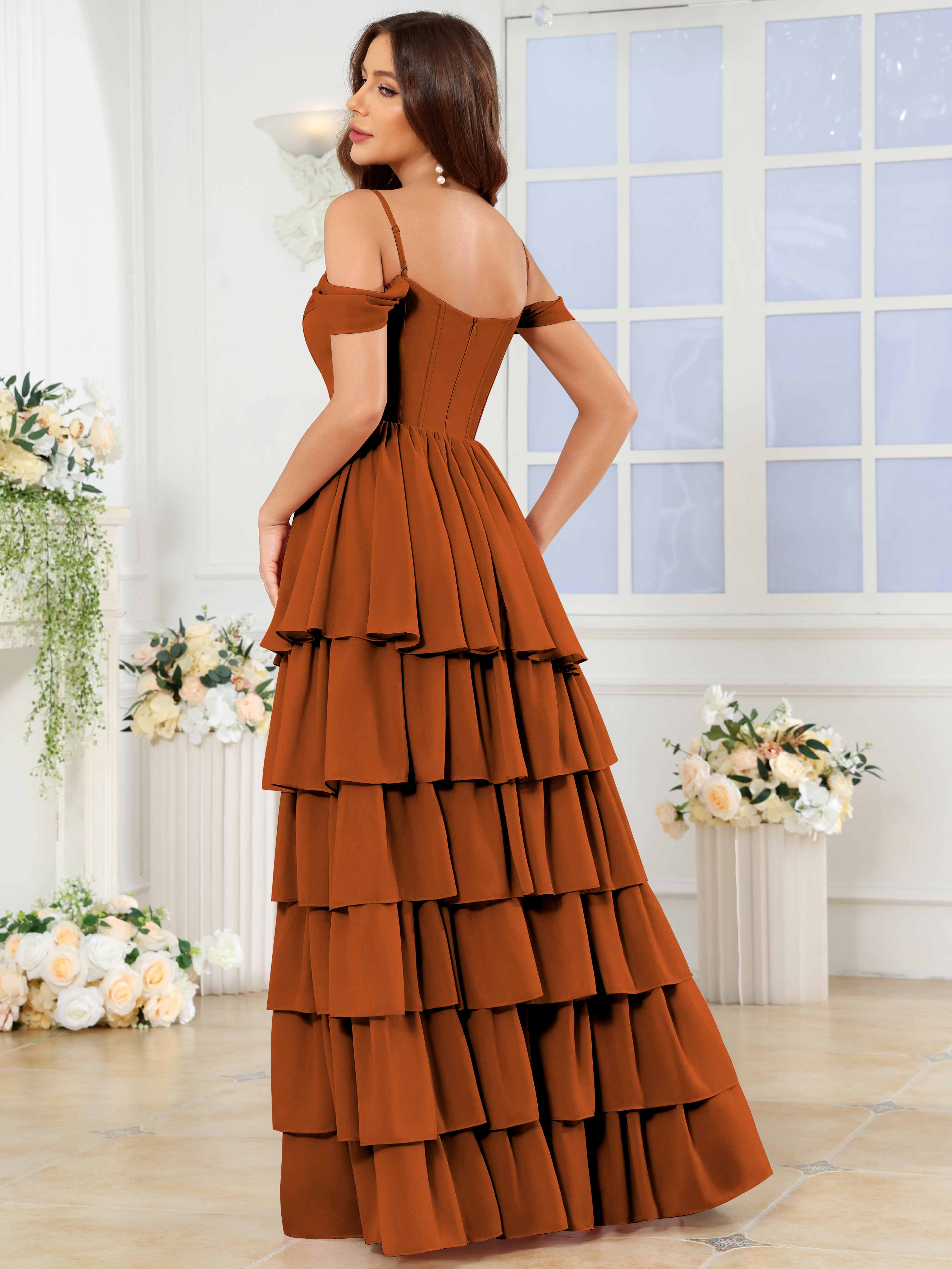 ROVDESY A-Line Off The Shoulder Tiered Chiffon Bridesmaid/Prom Dress With Slit