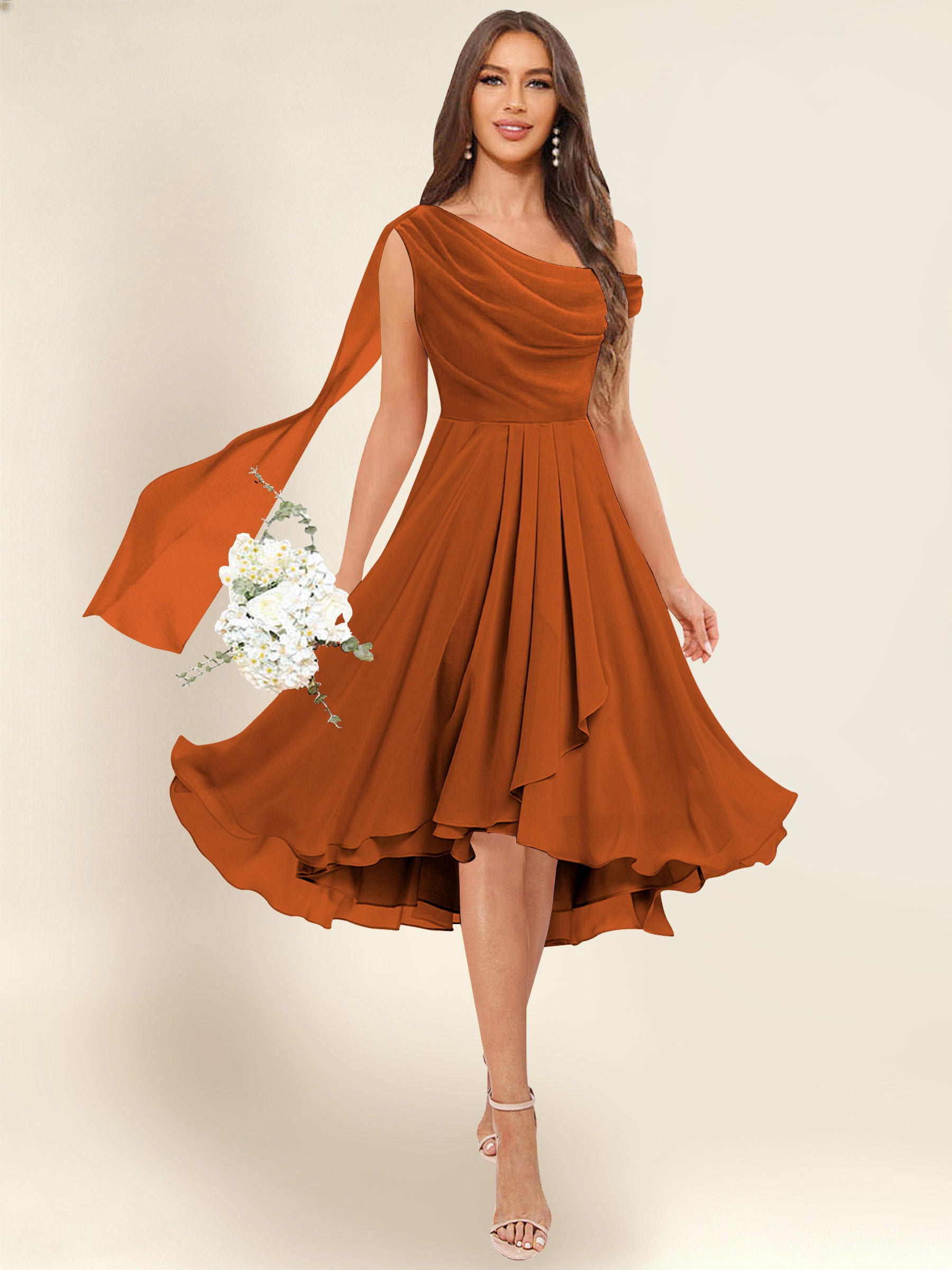ROVDESY A-Line One Shoulder Pleated Chiffon Bridesmaid Dress With Flowing Sash