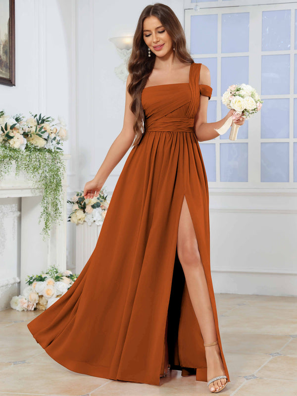 One Shoulder Pleated Chiffon Bridesmaid Dress With Slit