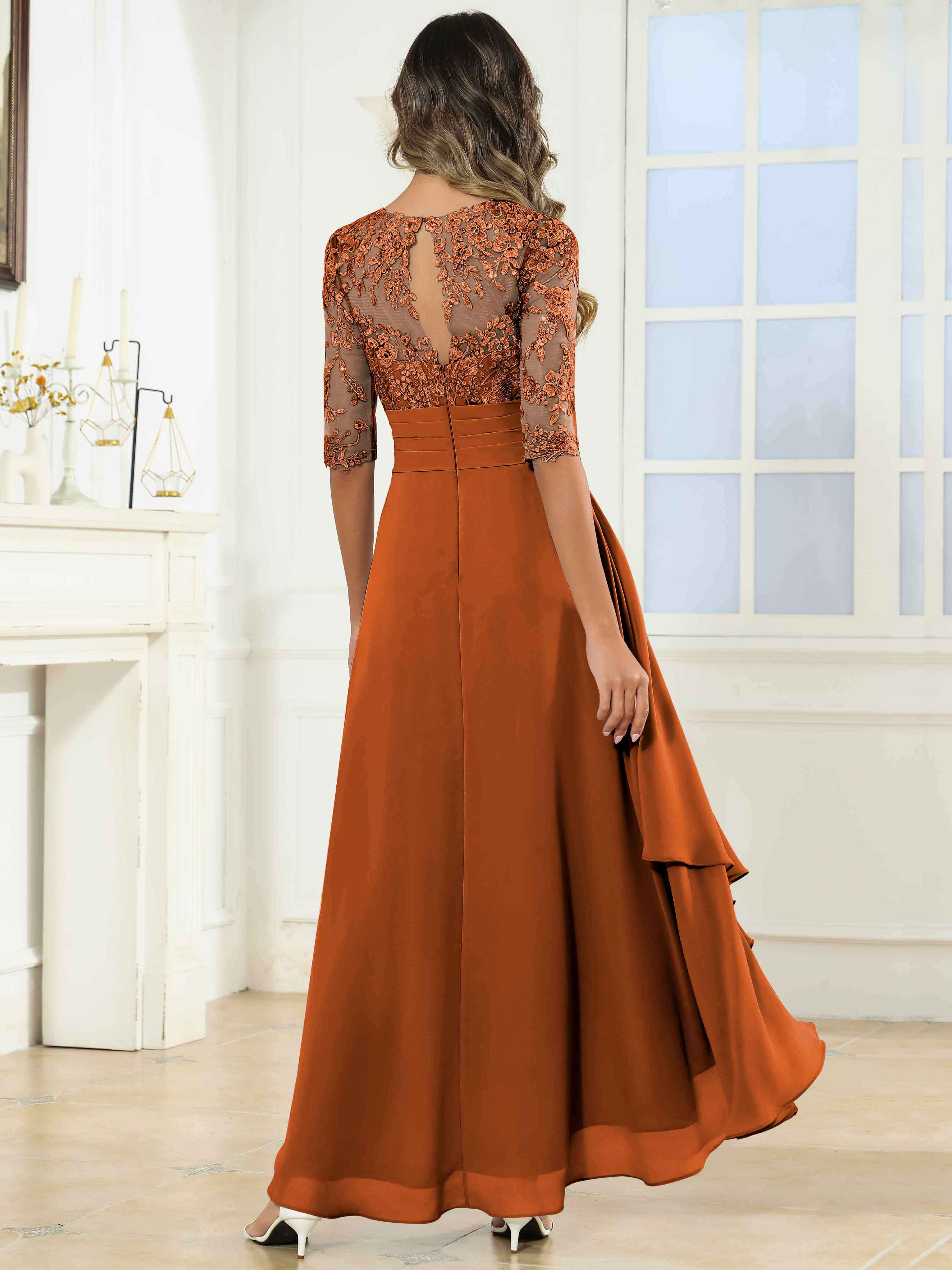 ROVDESY Tea Length A-Line Lace Chiffon Mother Of The Bride Dress With Half Sleeves