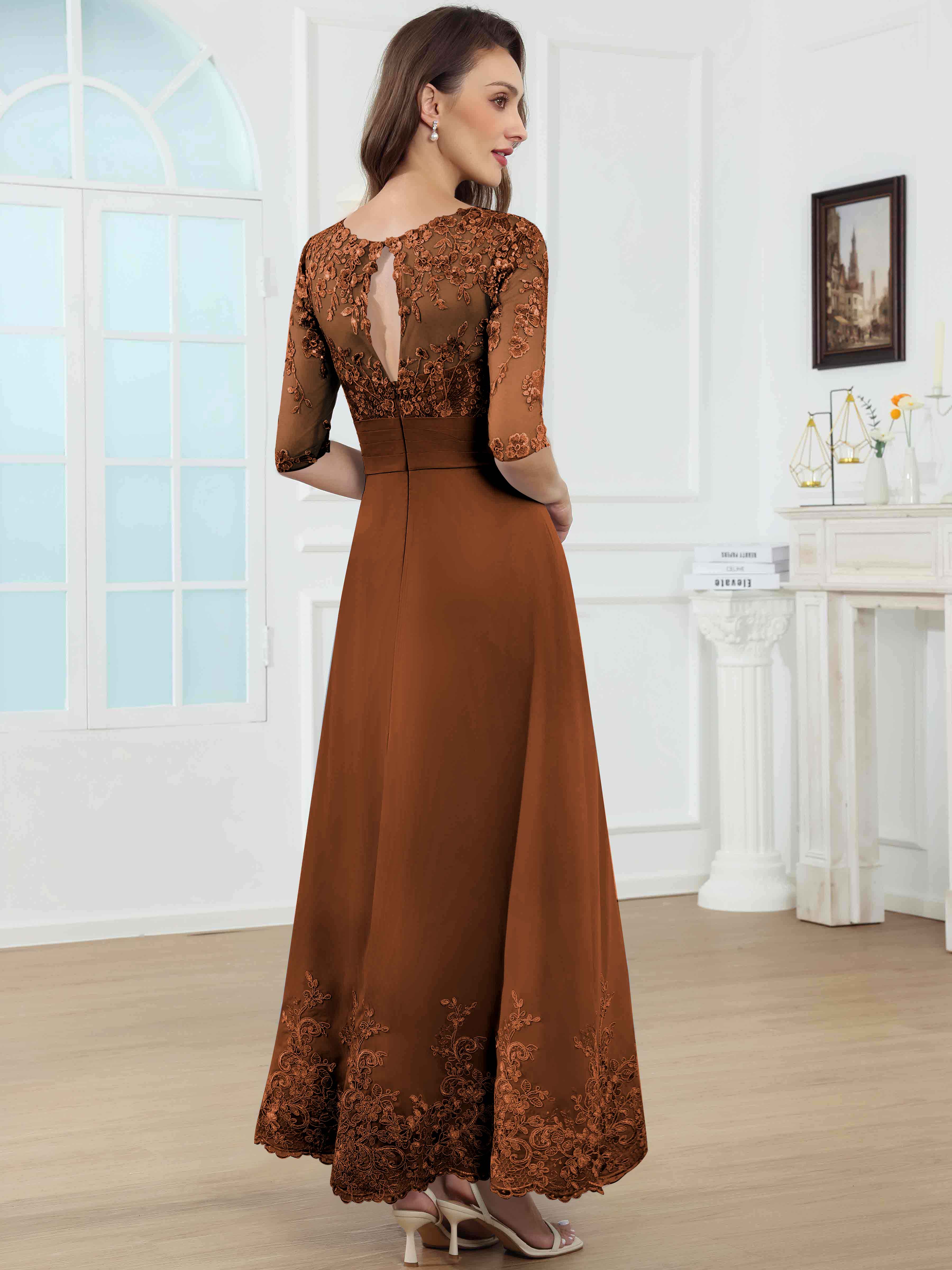 ROVDESY A-Line Lace Sequin Pleated Chiffon Mother Of The Bride Dress With Half Sleeves