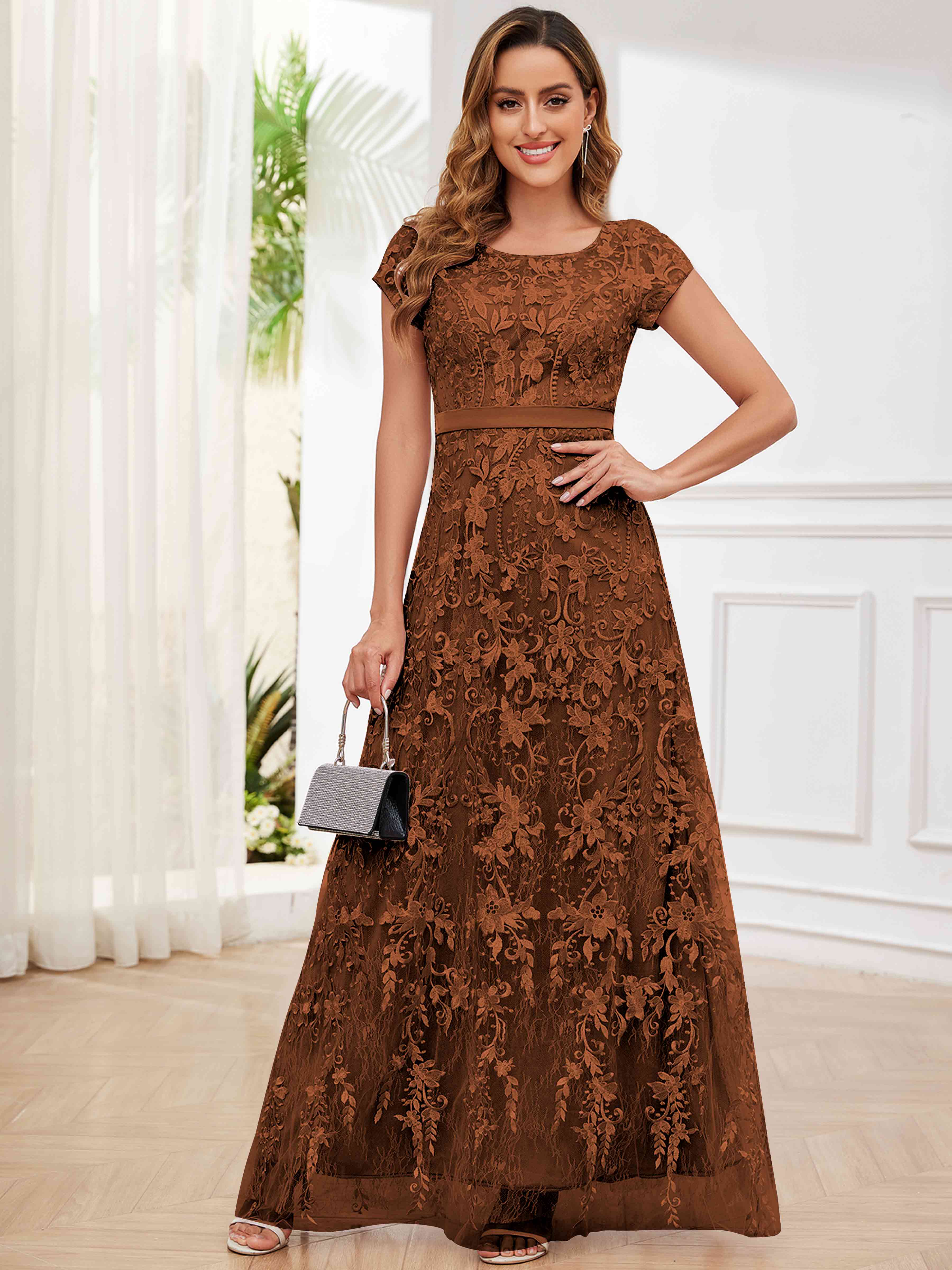ROVDESY Elegant Lace Mother Of The Bride Dress With Short Sleeves Formal Gown
