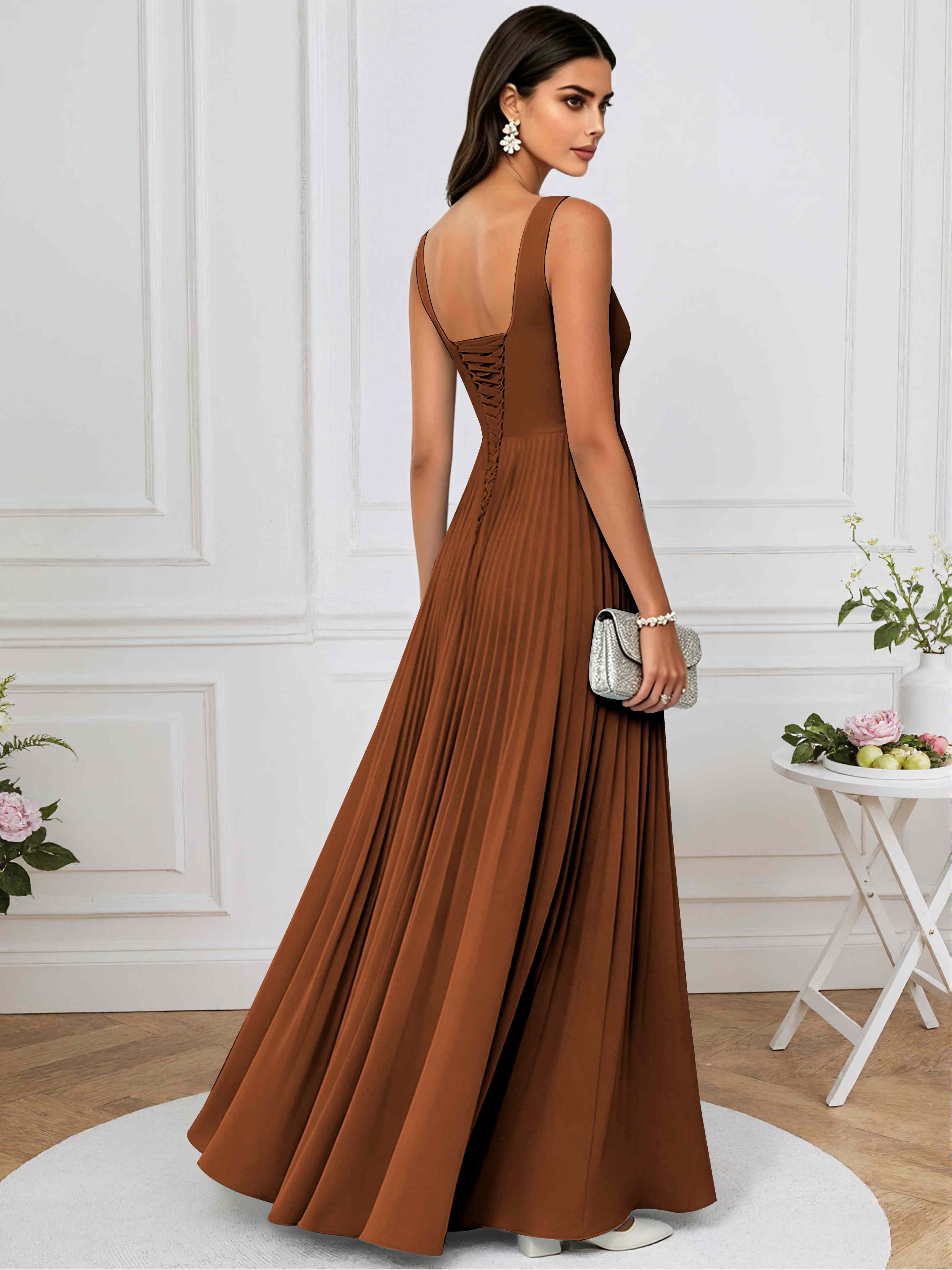 ROVDESY A-Line Square Neck Pleated Chiffon Long Bridesmaid/Prom Dress
