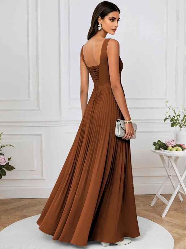 A-Line Square Neck Pleated Chiffon Long Bridesmaid/Prom Dress