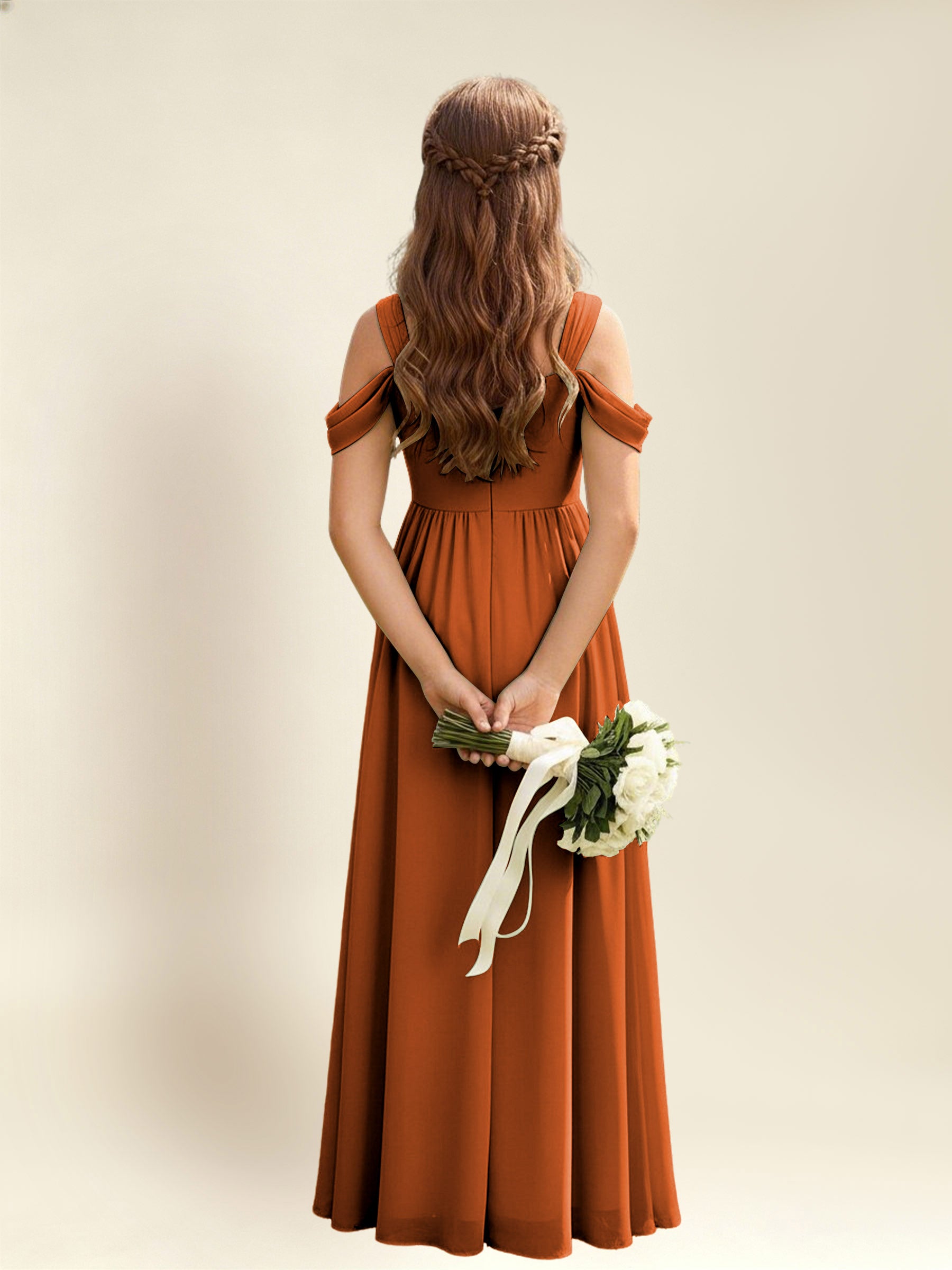ROVDESY A-Line Off The Shoulder Pleated Chiffon Junior Bridesmaid Dress