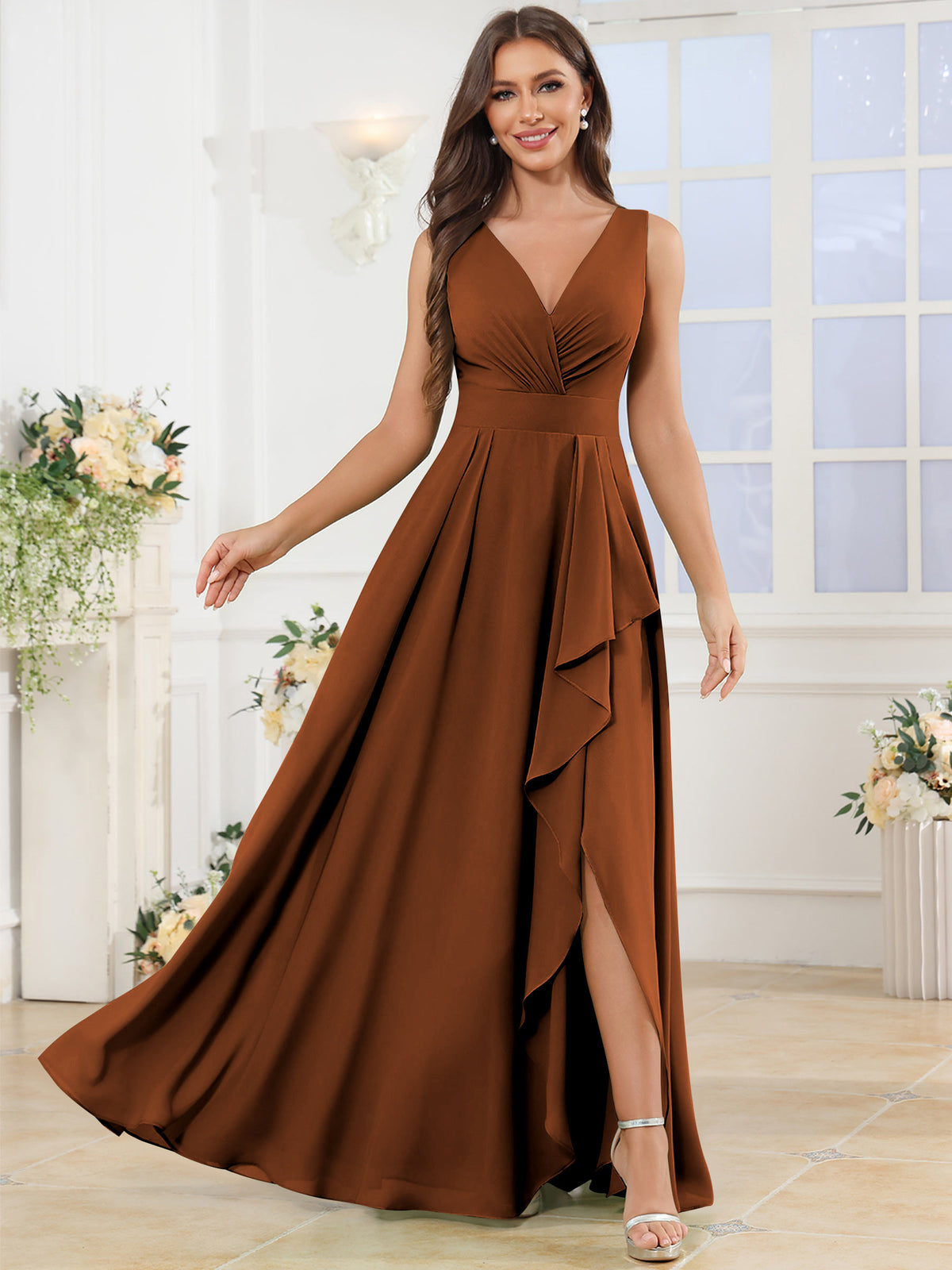 V Neck Chiffon A Line Ruffle Bridesmaid Dress with Slit