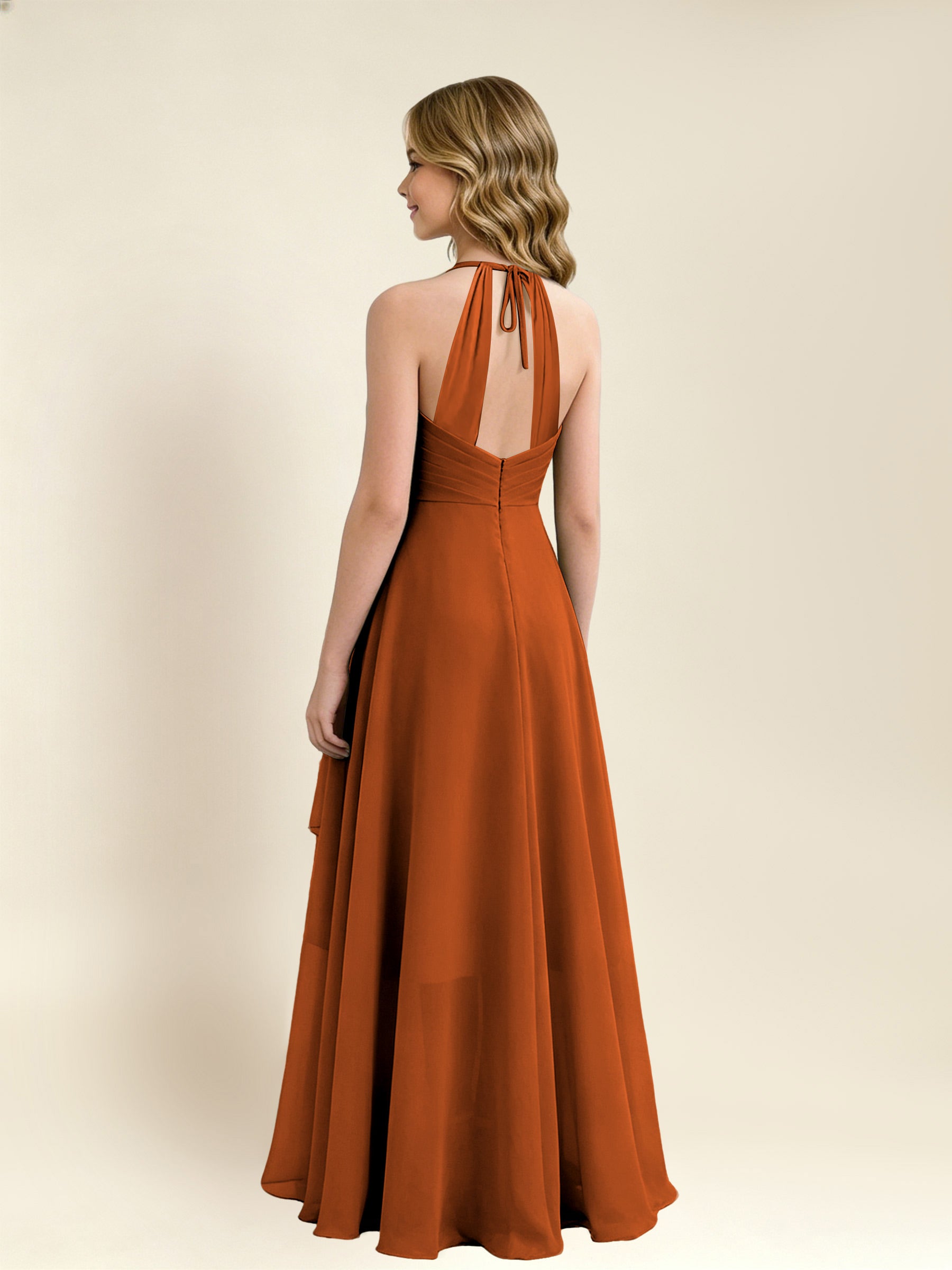 ROVDESY A-Line Halter Pleated Chiffon Junior Bridesmaid Dress