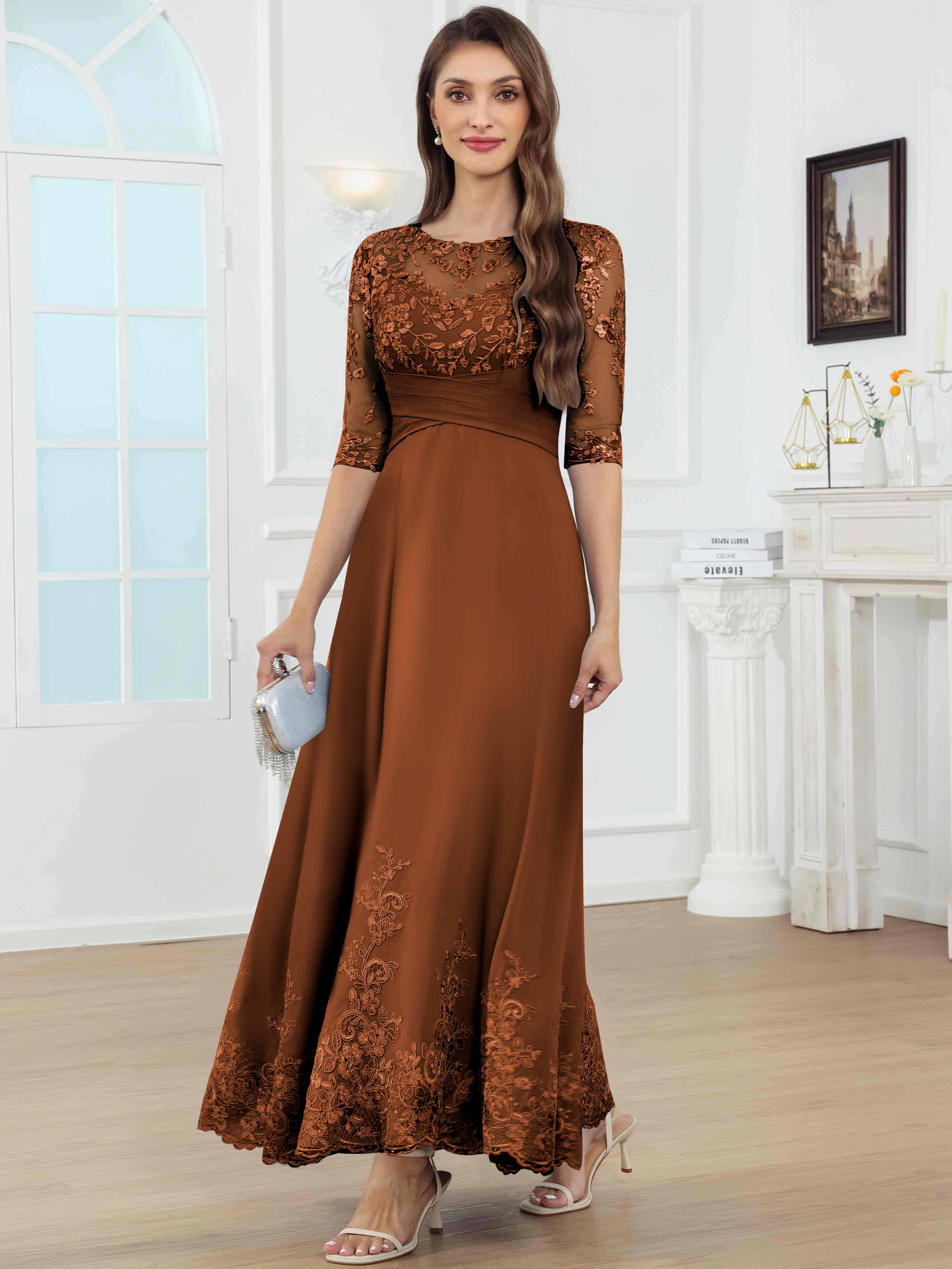 ROVDESY A-Line Lace Sequin Pleated Chiffon Mother Of The Bride Dress With Half Sleeves