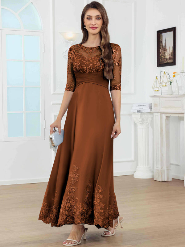 A-Line Lace Sequin Pleated Chiffon Mother Of The Bride Dress With Half Sleeves
