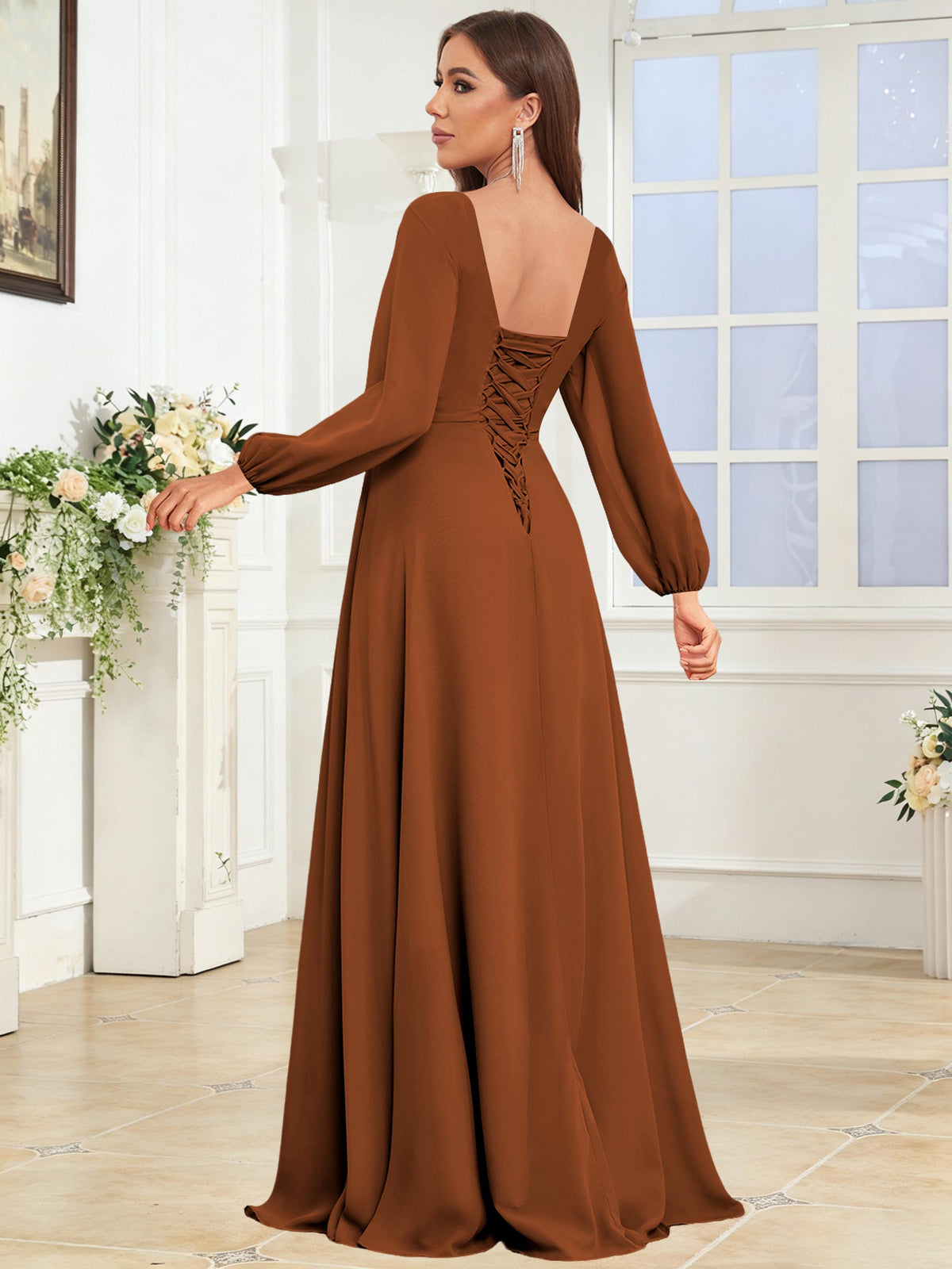 V Neck Chiffon Long Sleeve Bridesmaid Dresses with Slit