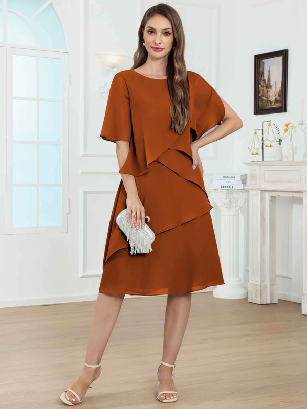 Knee Length Tiered Ruffle Chiffon Mother Of The Bride Dress With Half Sleeves