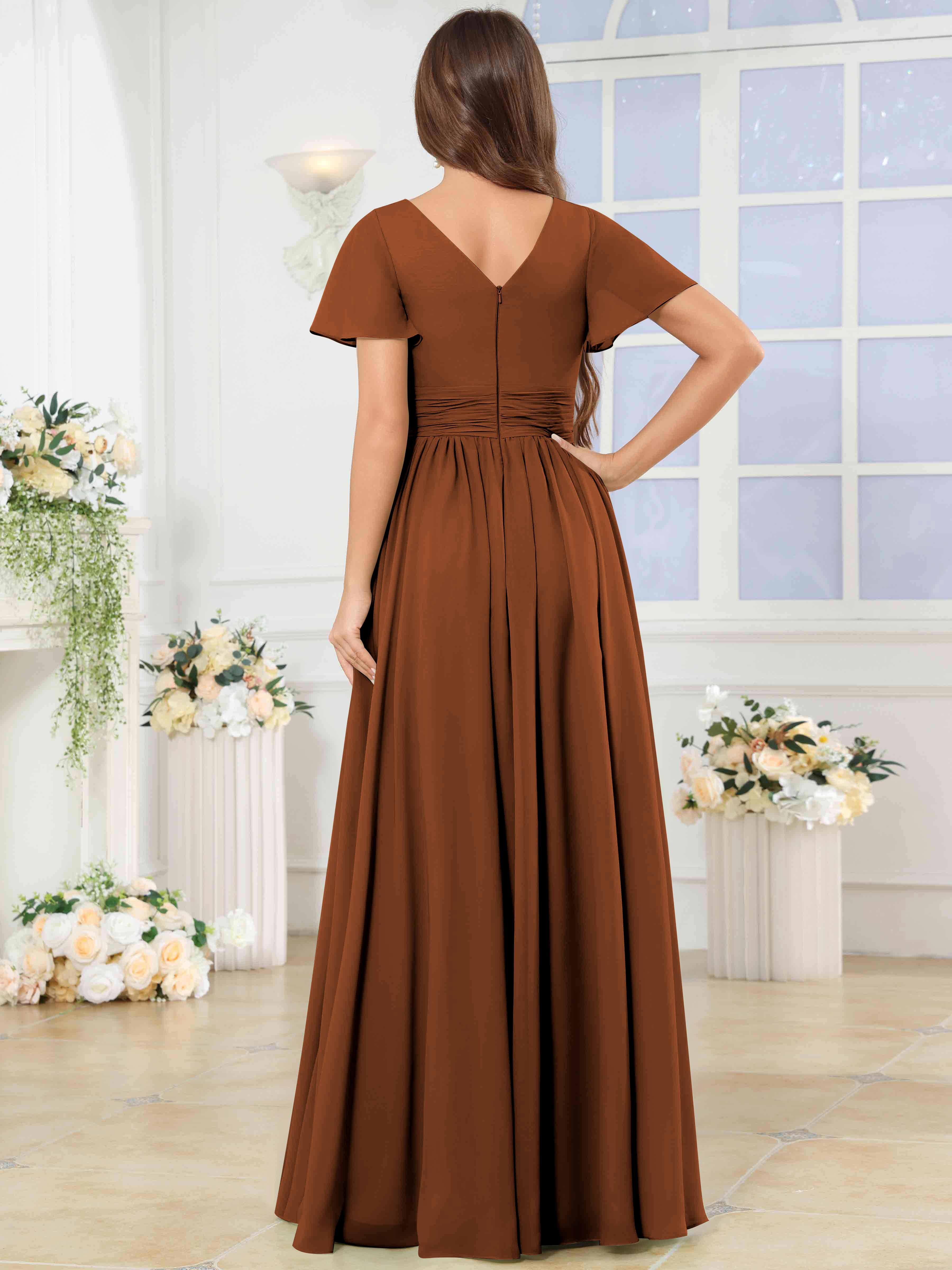 ROVDESY A-Line V-Neck Slit Pleated Ruffle Chiffon Bridesmaid Dress With Short Sleeves