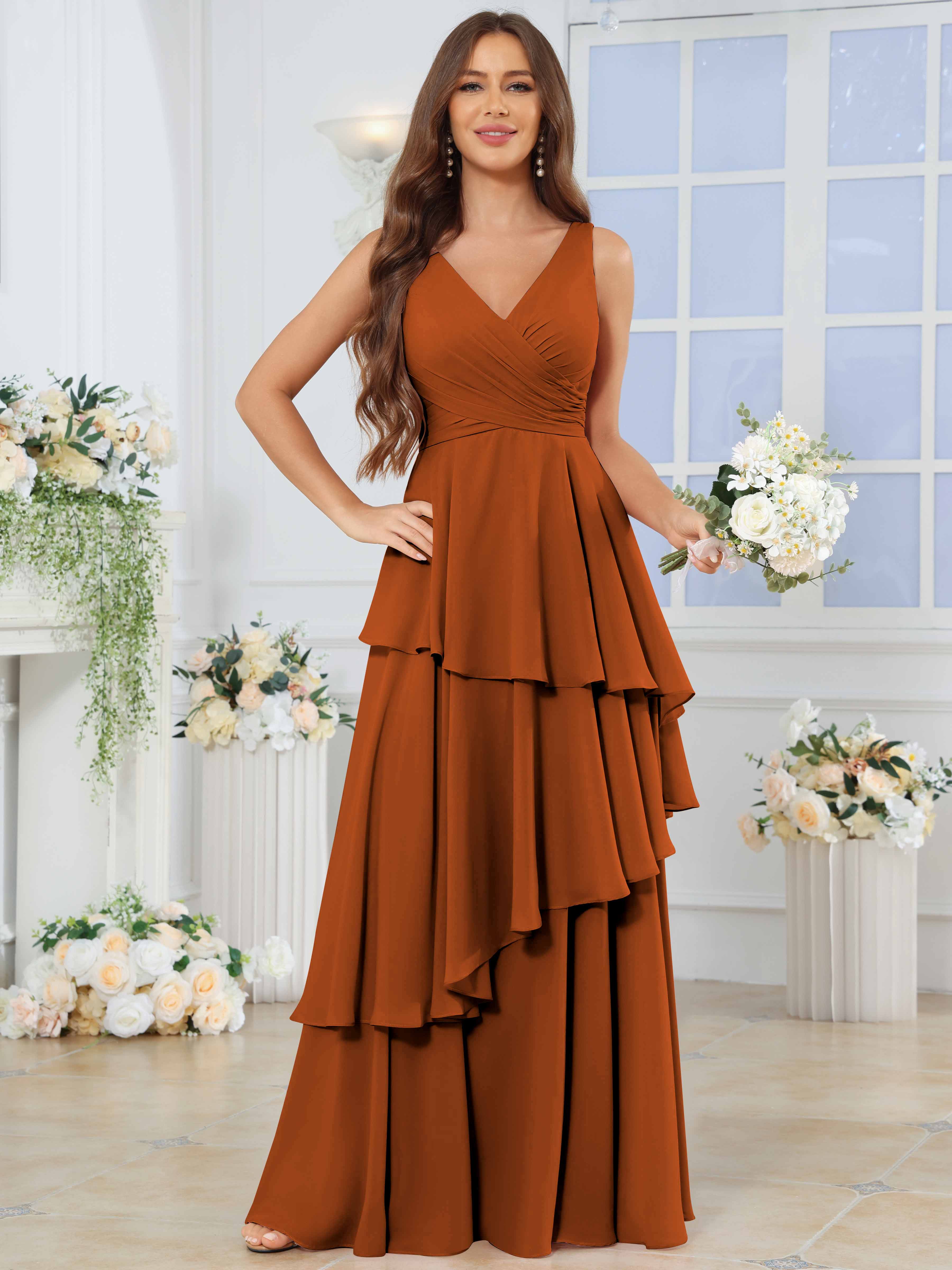 ROVDESY Long Sleeveless V-Neck Tiered Pleated Chiffon Bridesmaid Dress
