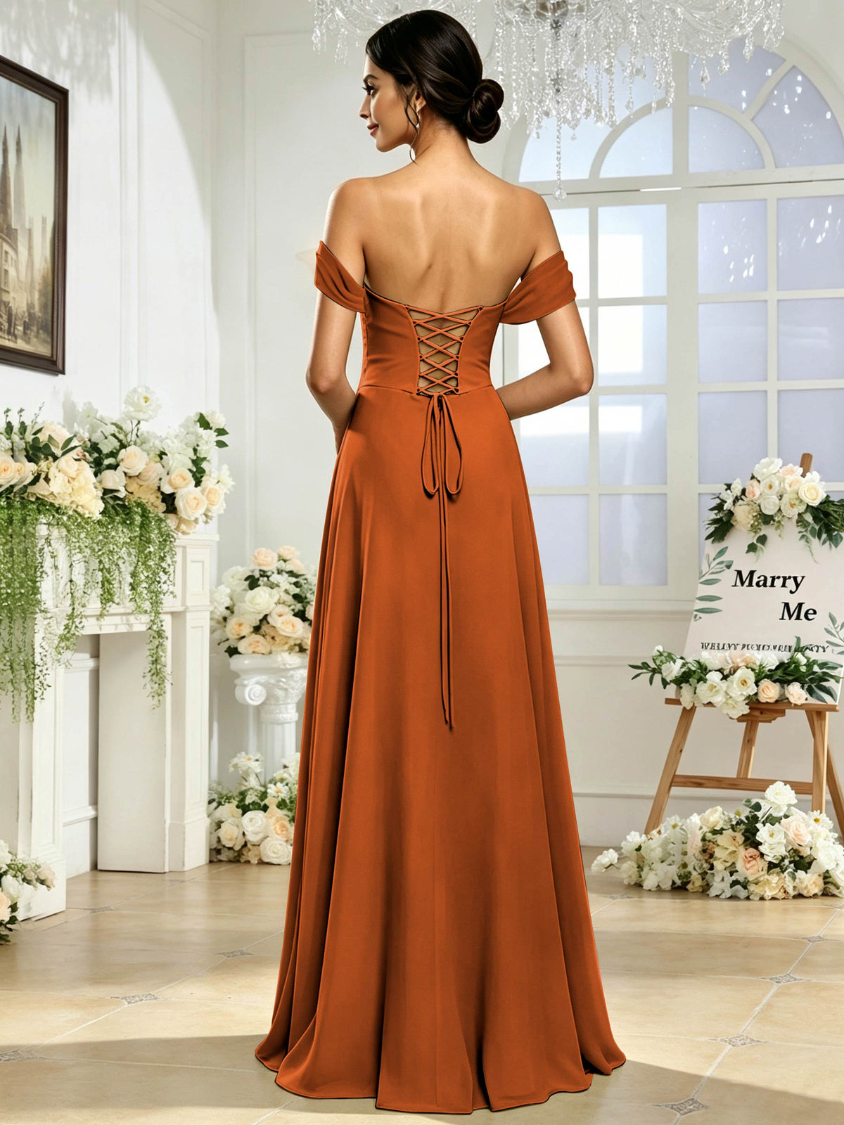 Off the Shoulder Chiffon A Line Long Bridesmaid Dress with Slit