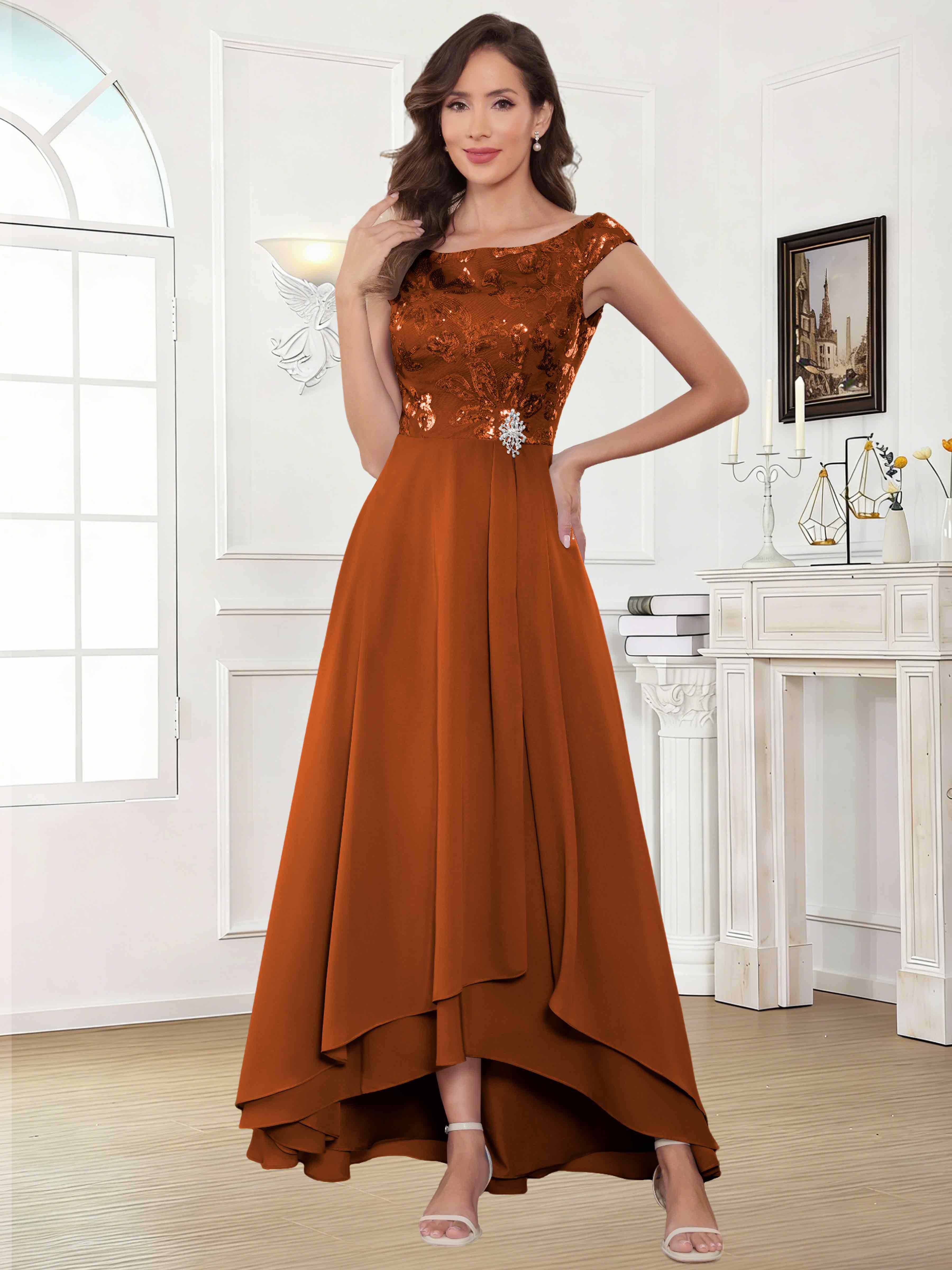 ROVDESY Tea Length Off-The-Shoulder Sequin Chiffon Mother Of The Bride Dress