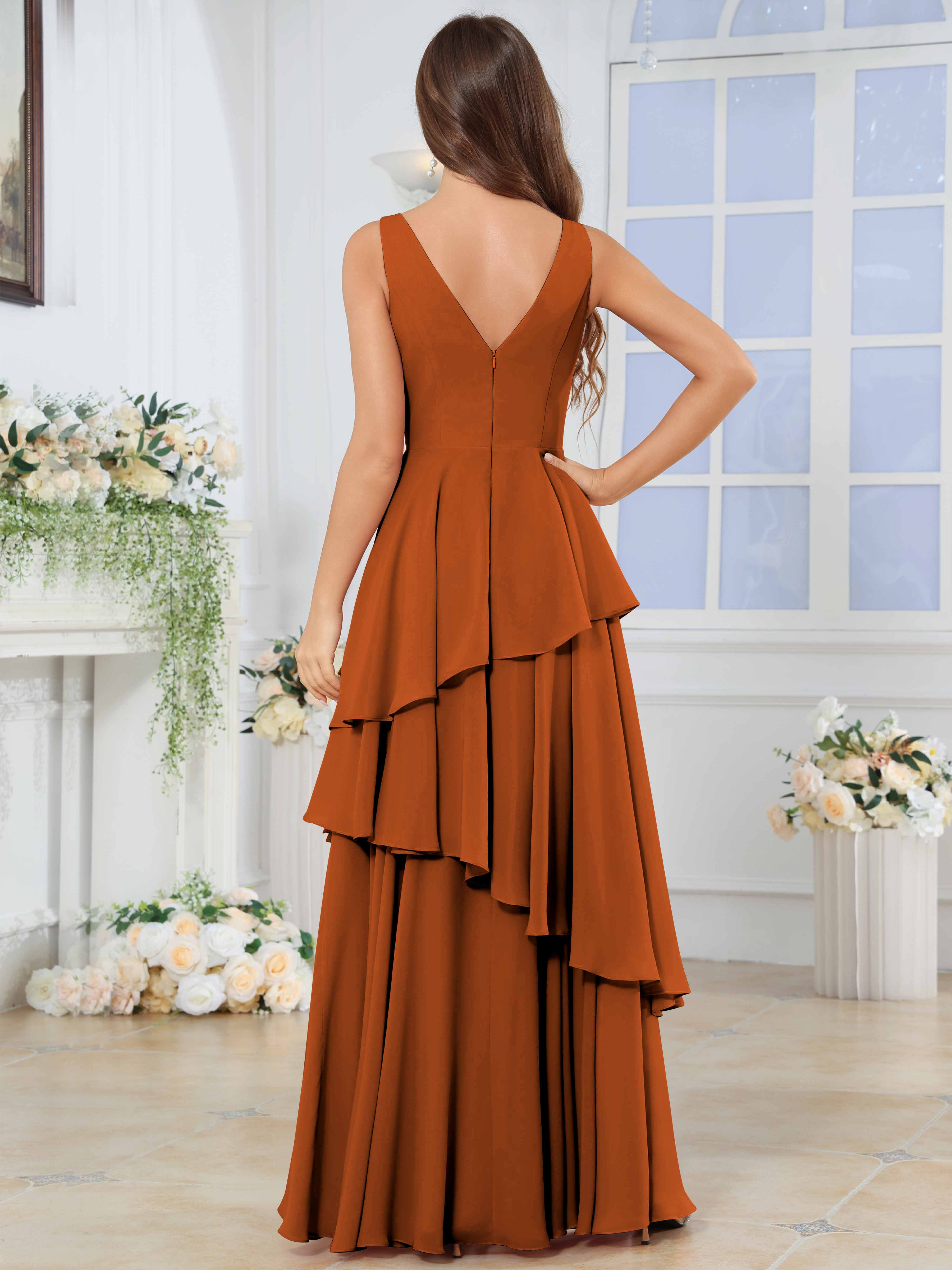 ROVDESY Long Sleeveless V-Neck Tiered Pleated Chiffon Bridesmaid Dress