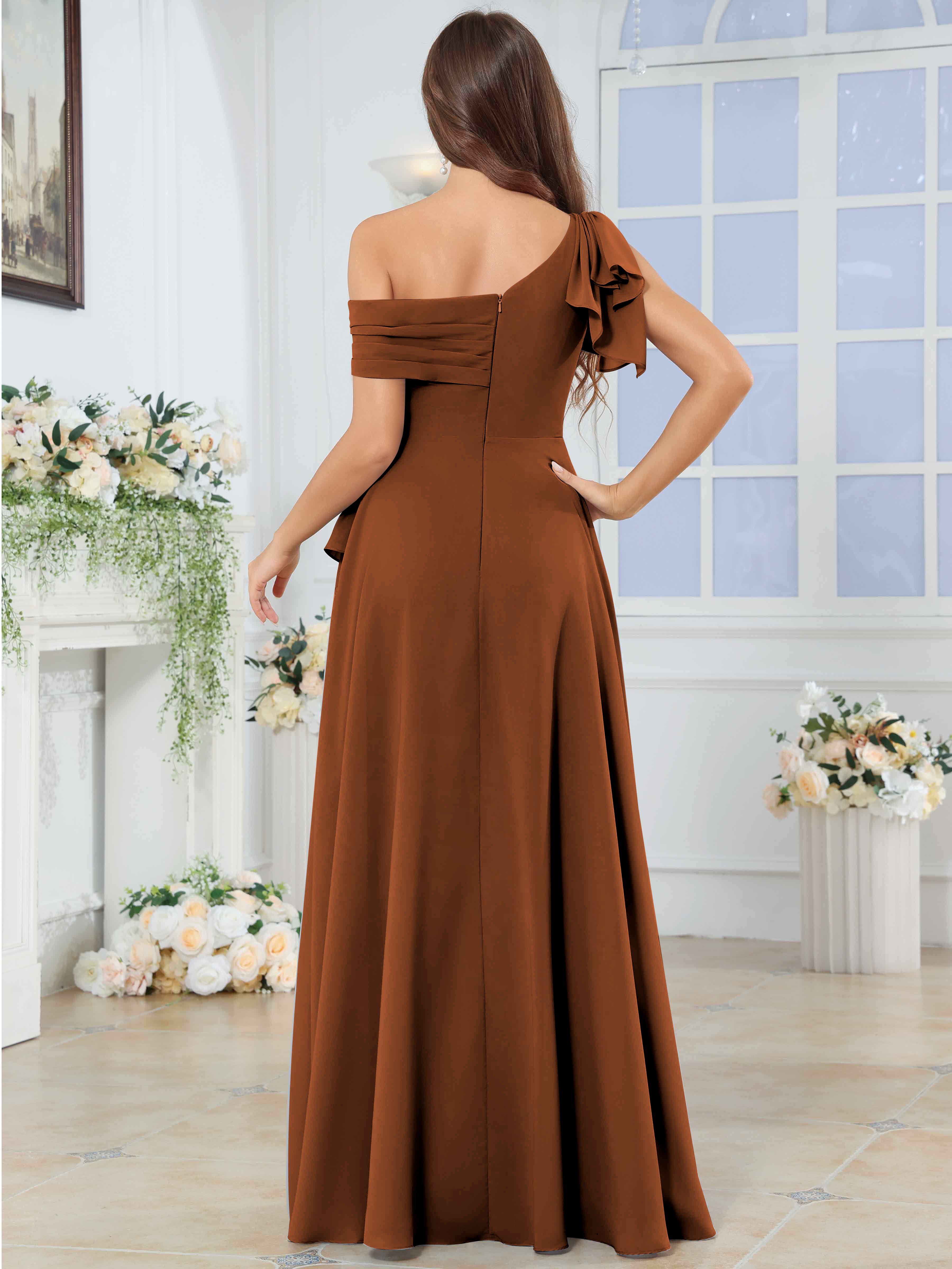 ROVDESY One Shoulder Pleated Ruffle Chiffon Bridesmaid Dress With Slit