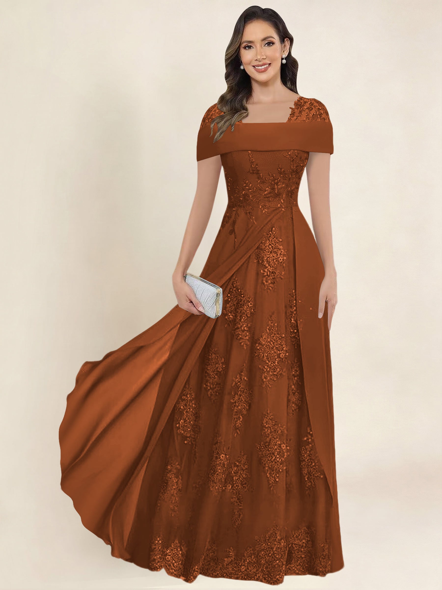 ROVDESY A-Line Off The Shoulder Lace Chiffon Long Mother of the Bride Dress Formal Gown