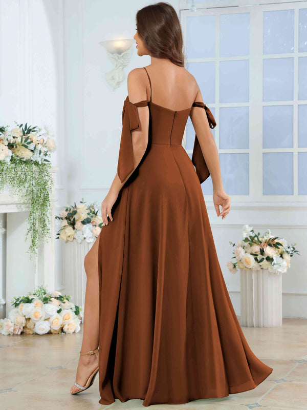 Spaghetti Strap Pleated Ruffle Slit Chiffon Bridesmaid Dress With Bow Sleeves
