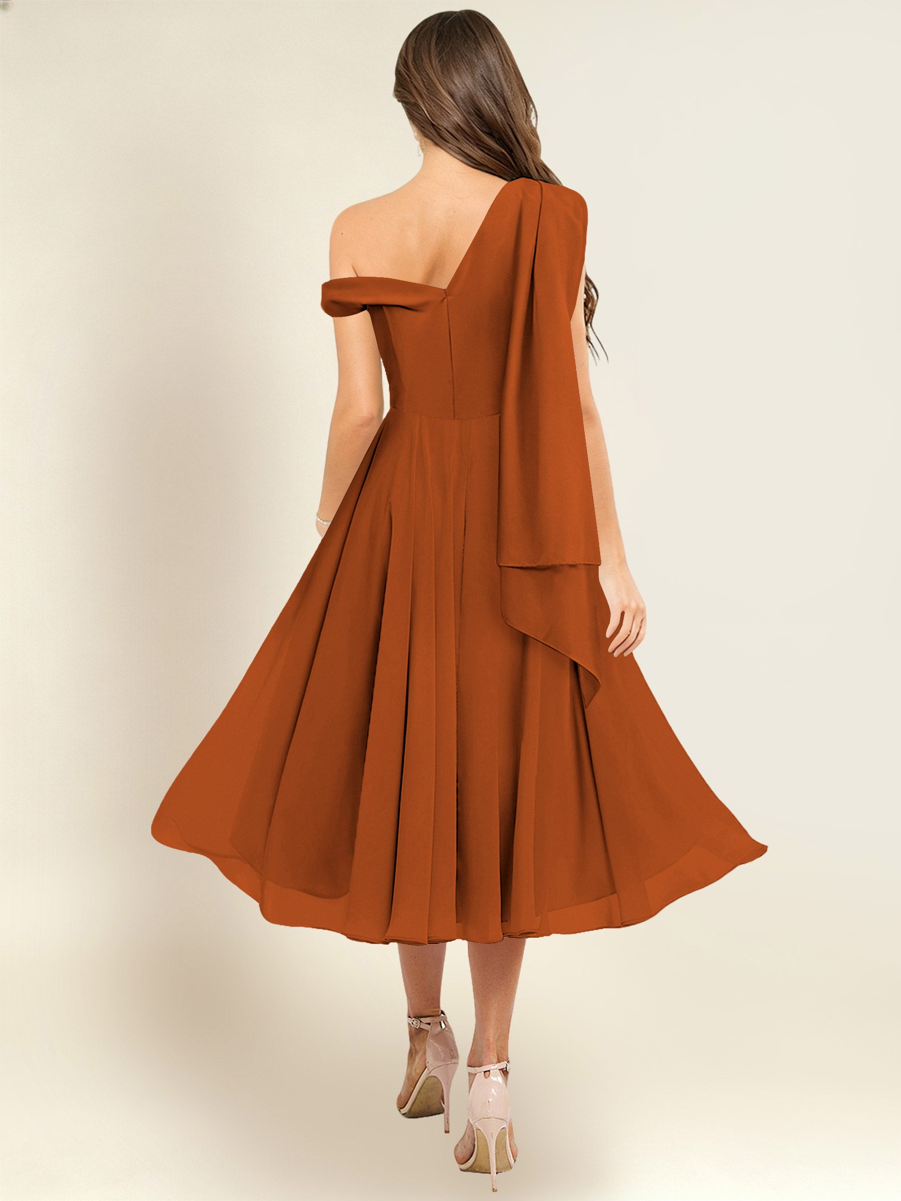 ROVDESY A-Line One Shoulder Pleated Chiffon Bridesmaid Dress With Flowing Sash