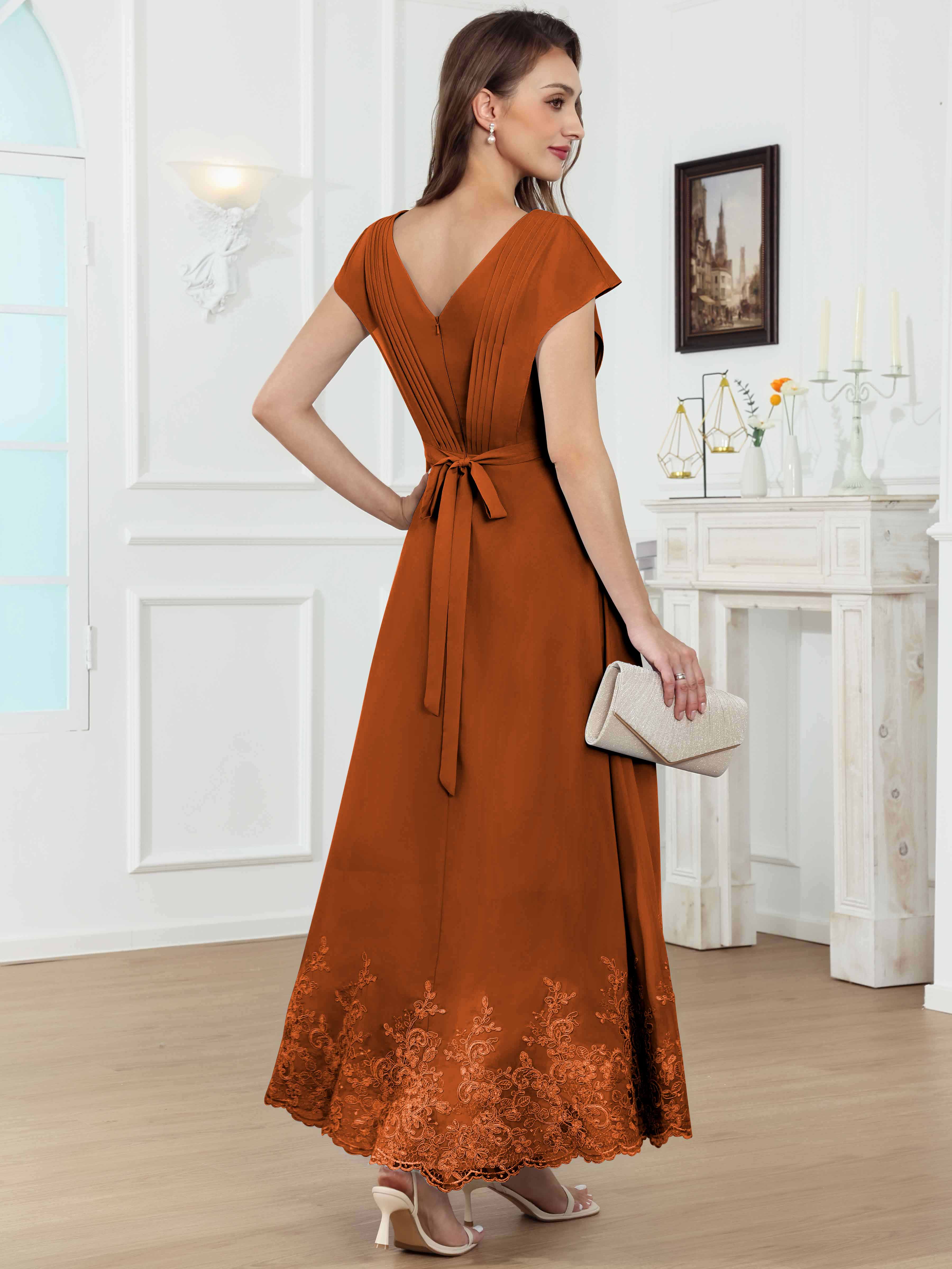 ROVDESY Tea Length High-Low V-Neck Ruched Lace Chiffon Mother of The Bride Dress for Women