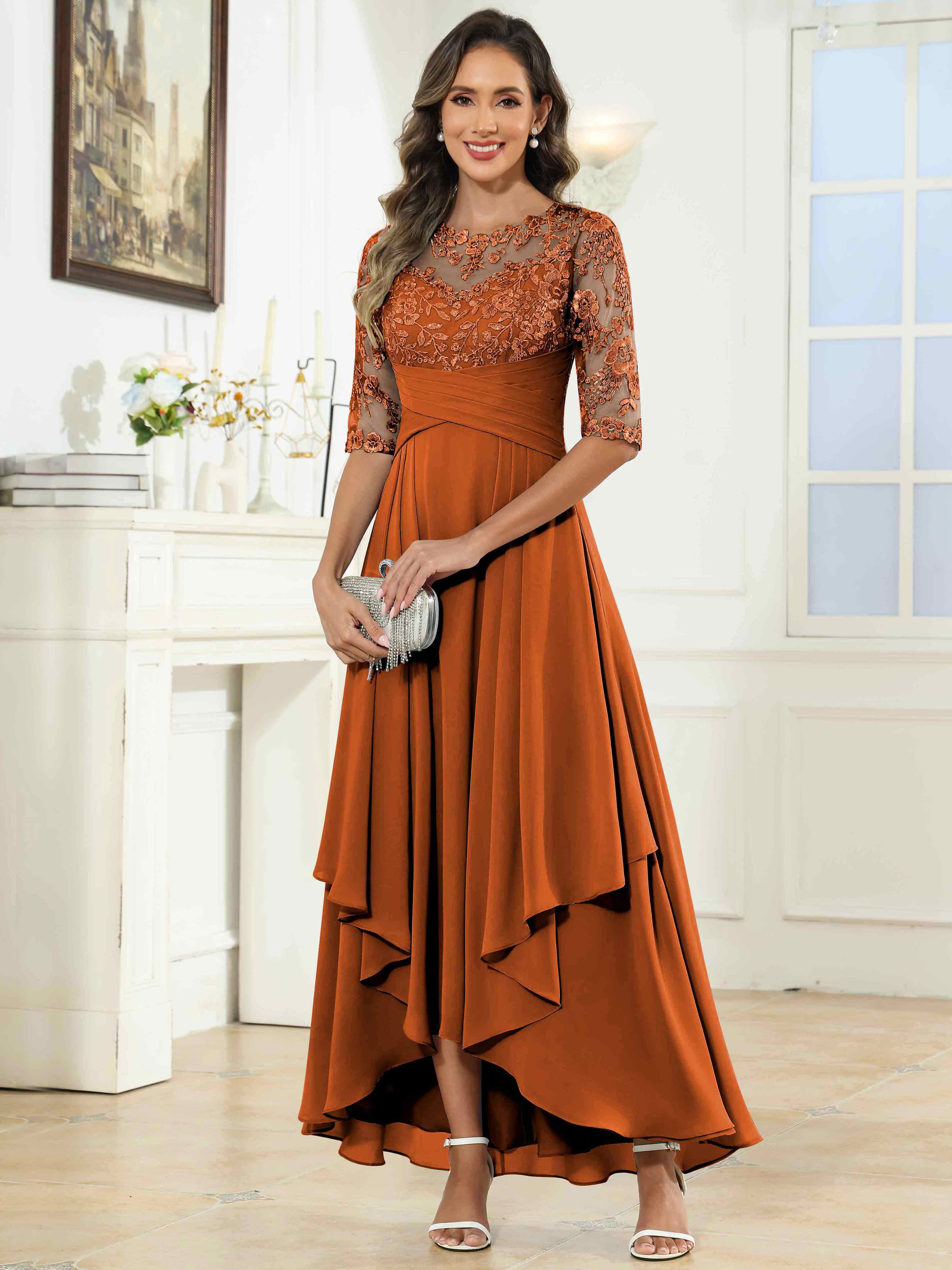 ROVDESY Tea Length A-Line Lace Chiffon Mother Of The Bride Dress With Half Sleeves