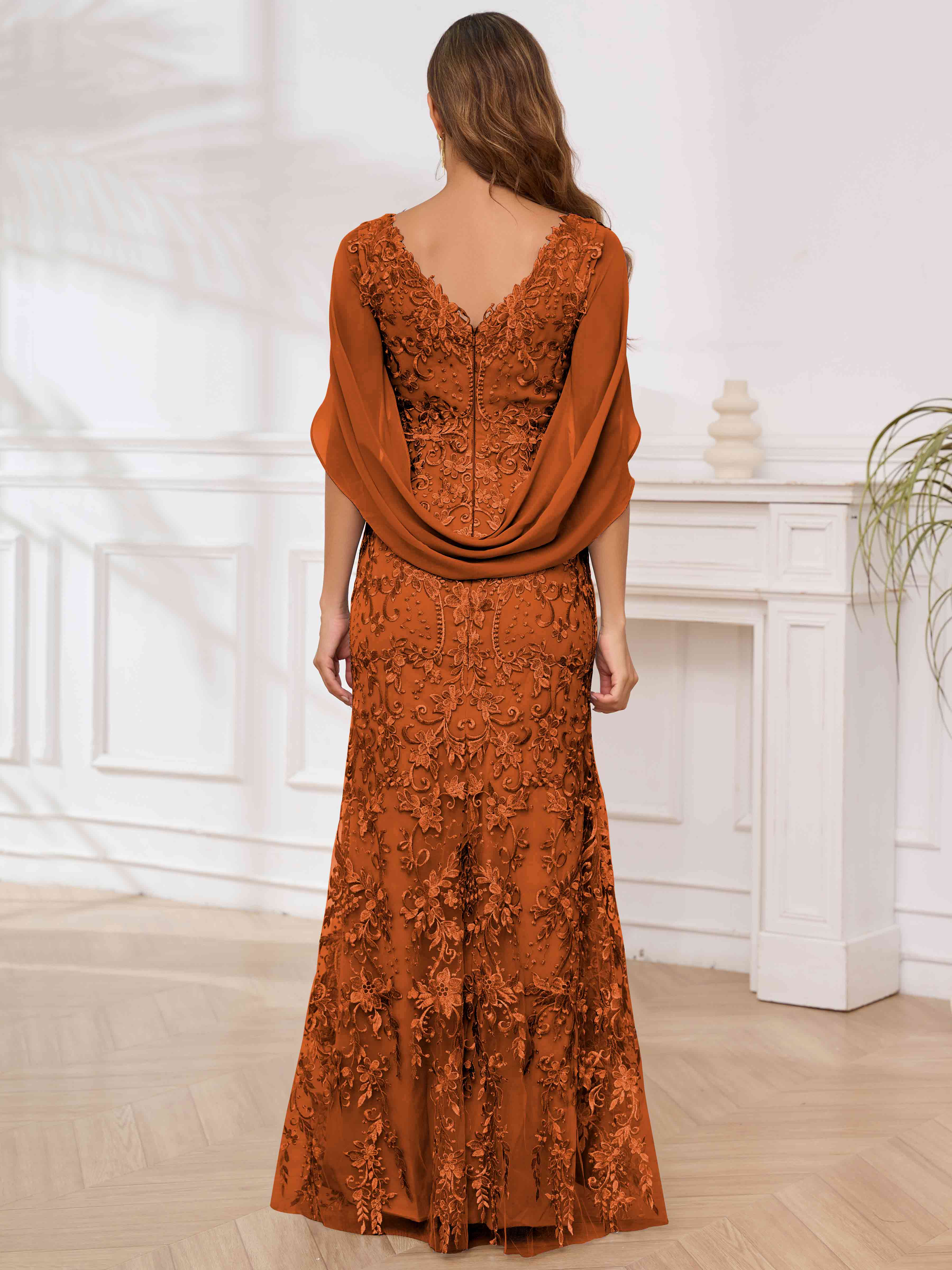 ROVDESY V-Neck Lace Mermaid Mother Of The Bride Dress With Cape Sleeves Long Formal Gown
