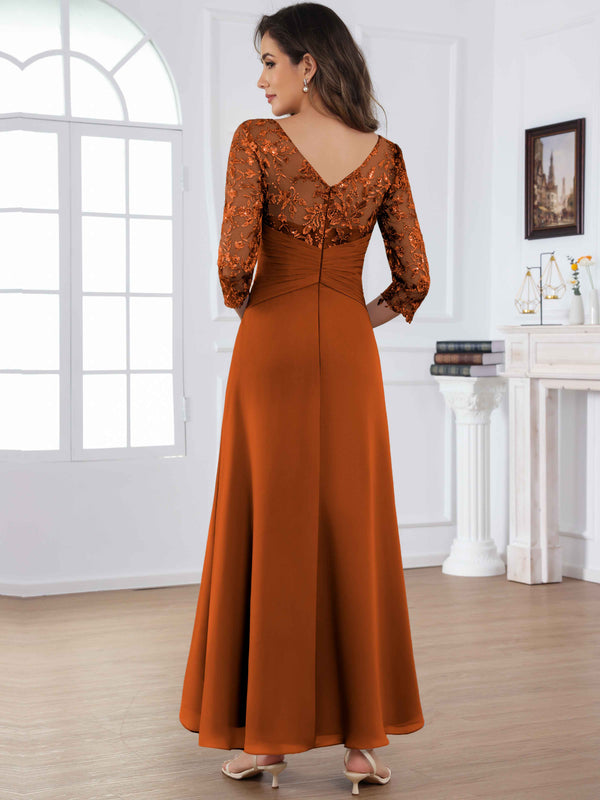 Tea Length Lace Chiffon Mother of The Bride Dress with 3/4 Sleeves
