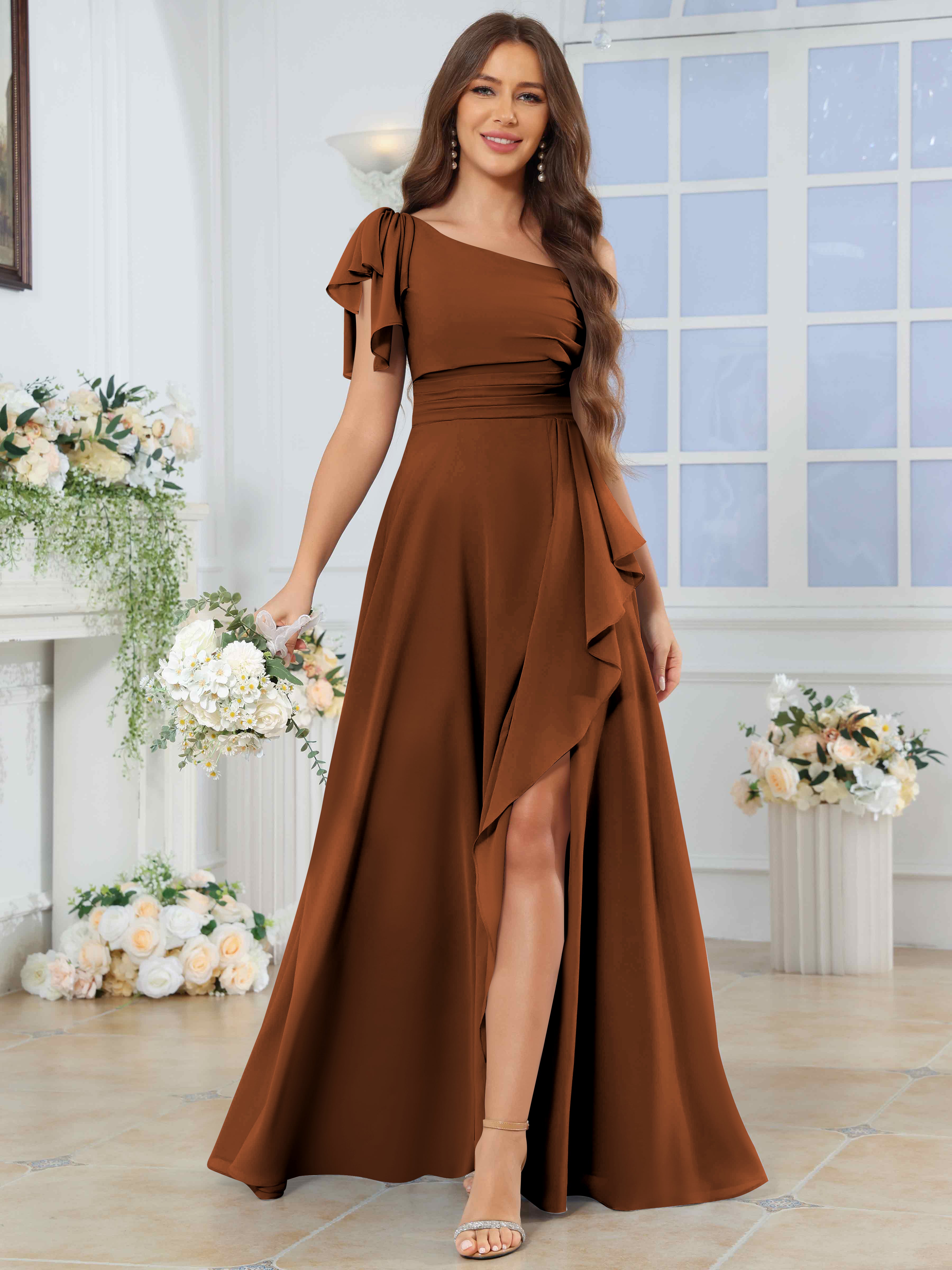 ROVDESY One Shoulder Pleated Ruffle Chiffon Bridesmaid Dress With Slit