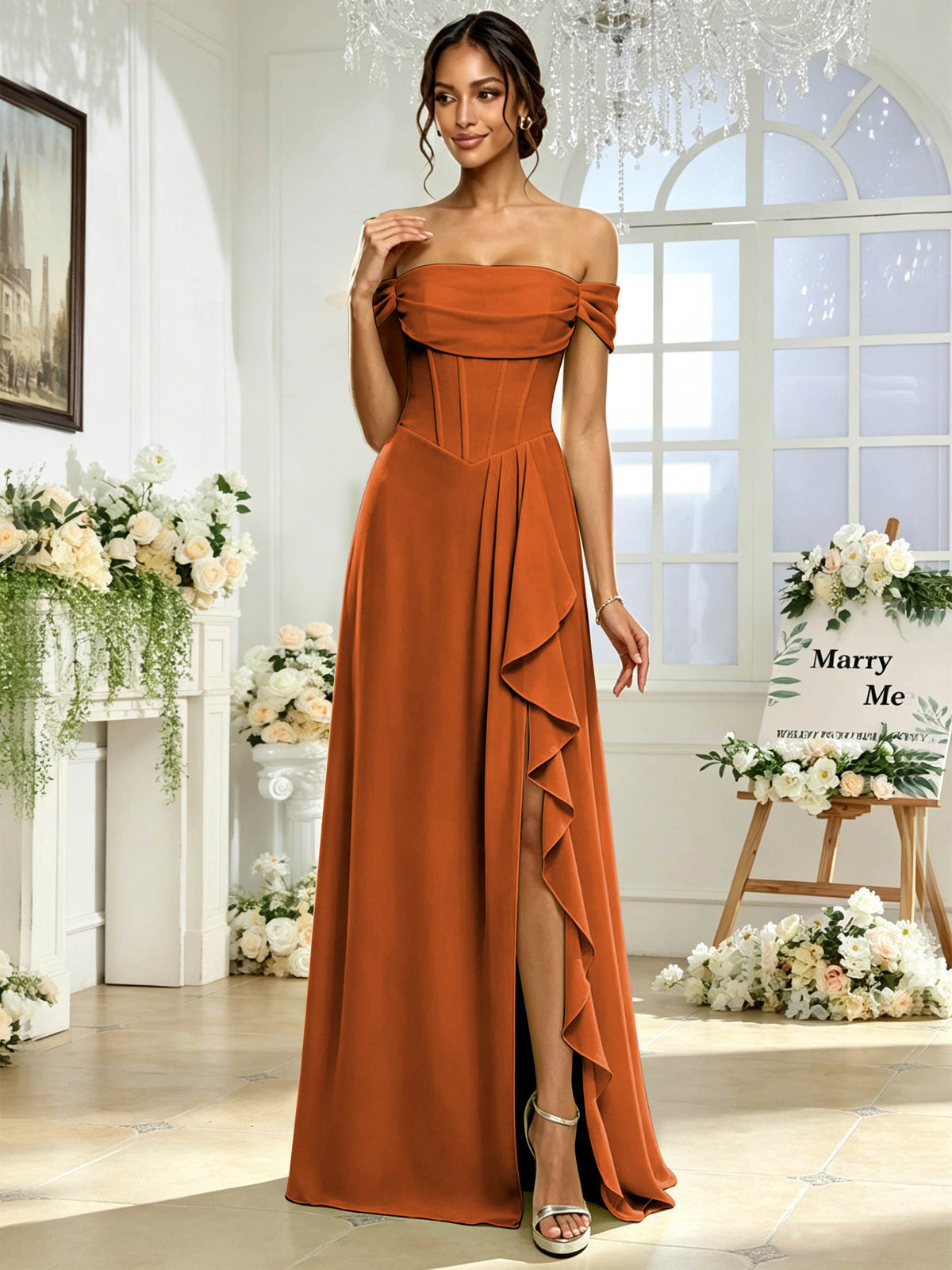 Off the Shoulder Chiffon A Line Long Bridesmaid Dress with Slit