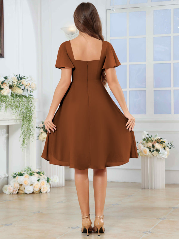 Knee Length V-Neck Pleated Chiffon Bridesmaid Dress With Short Sleeves