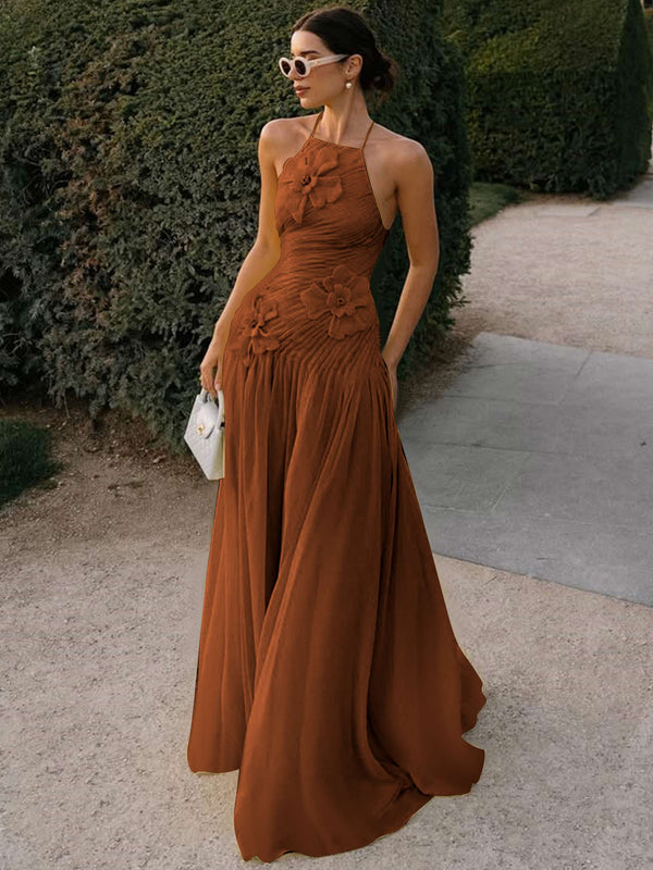 Halter Long Pleated Chiffon Prom Dress with 3D Flower