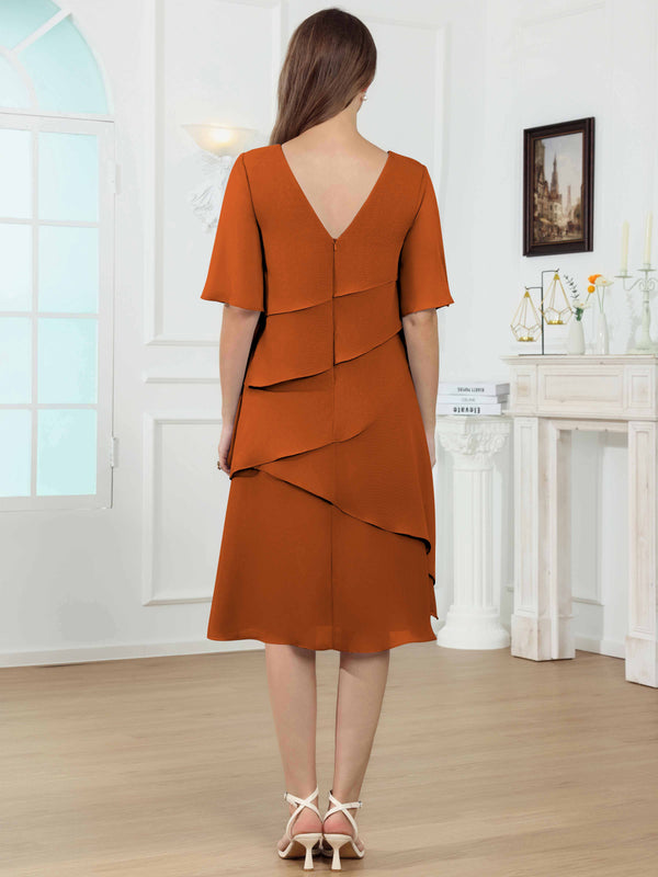 Knee Length Tiered Ruffle Chiffon Mother Of The Bride Dress With Half Sleeves