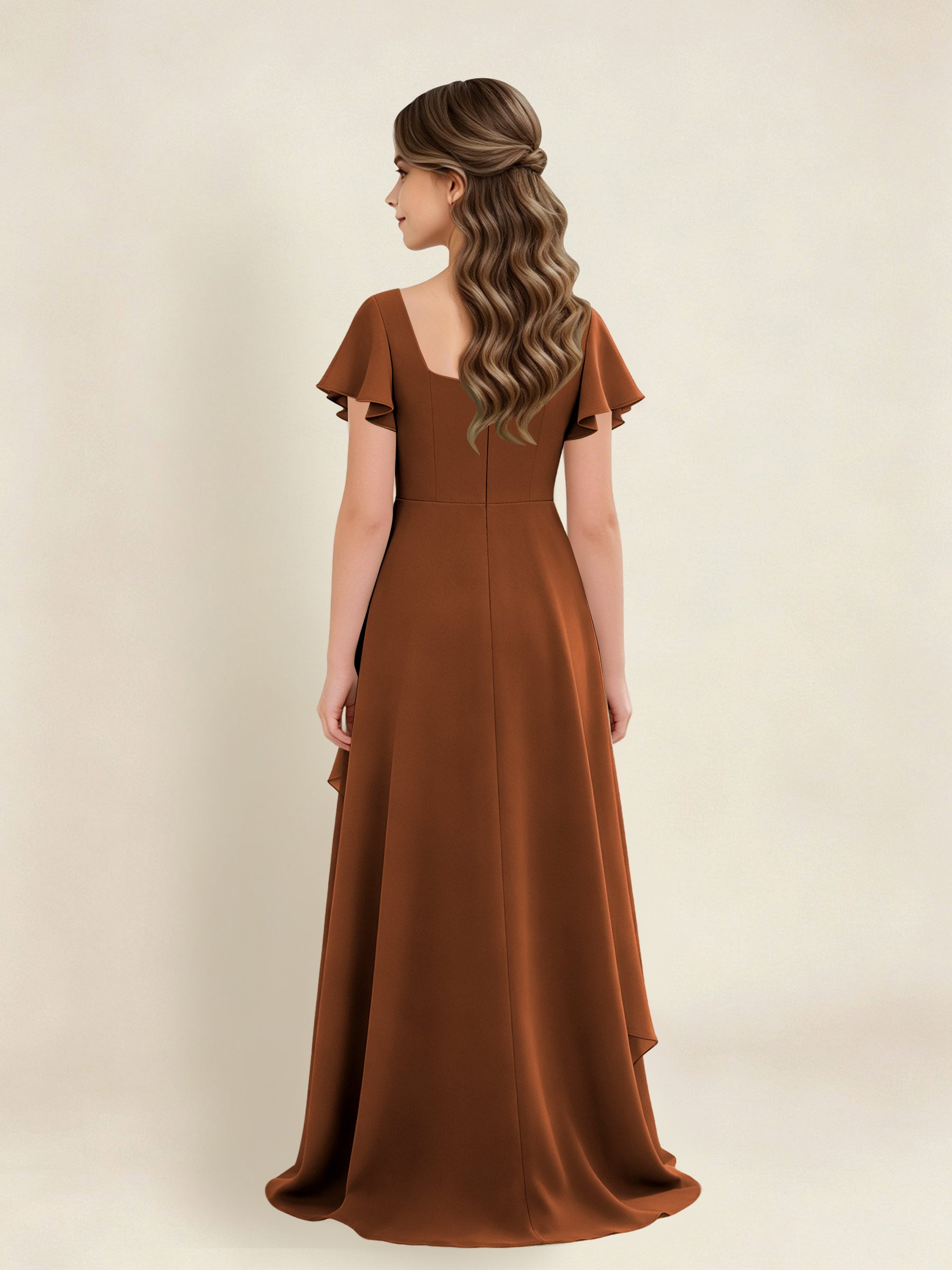 ROVDESY A-Line Square Neck Ruffle Chiffon Junior Bridesmaid Dress With Short Sleeves