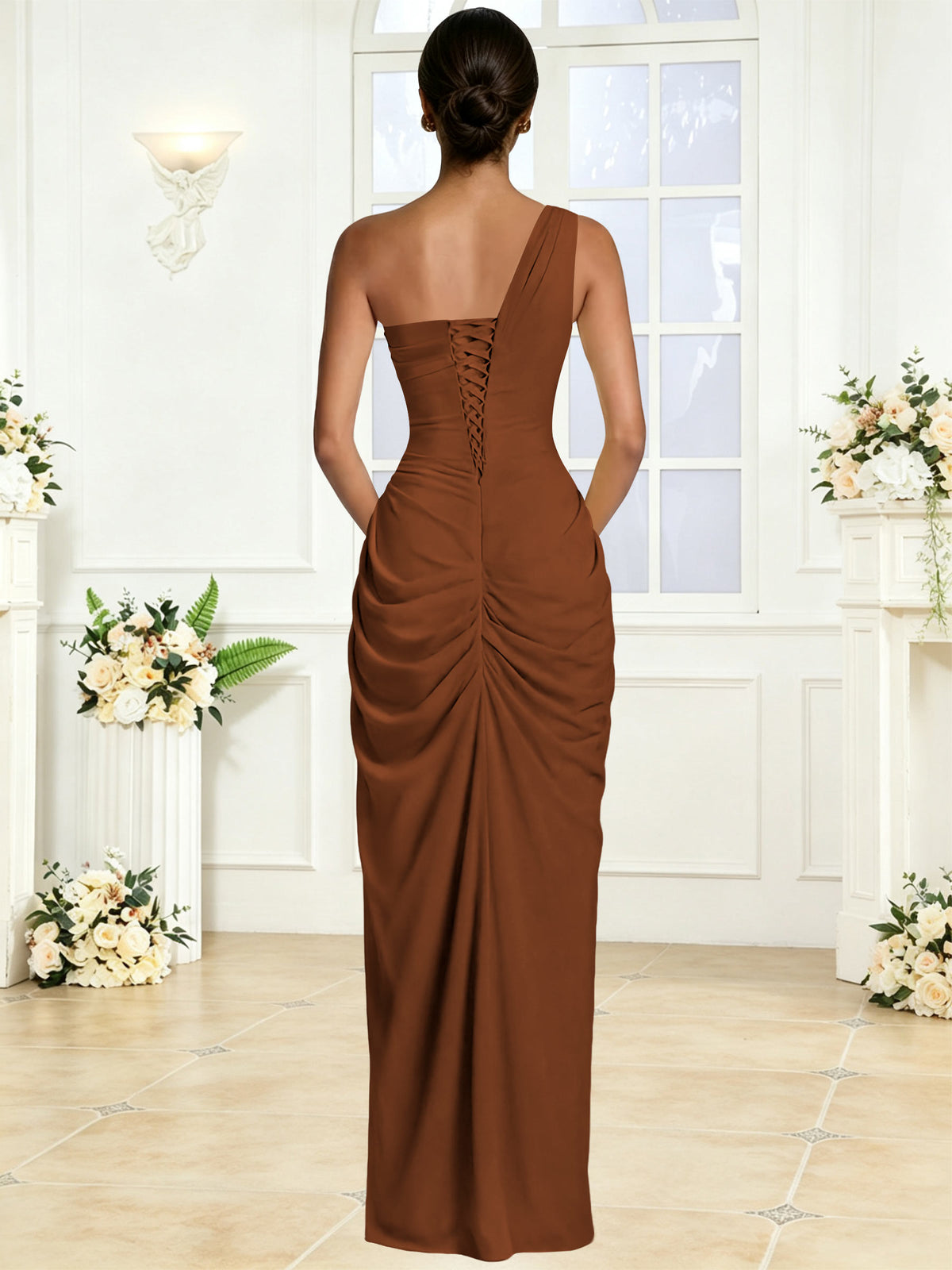 One Shoulder Chiffon Mermaid Long Bridesmaid Dress with Slit