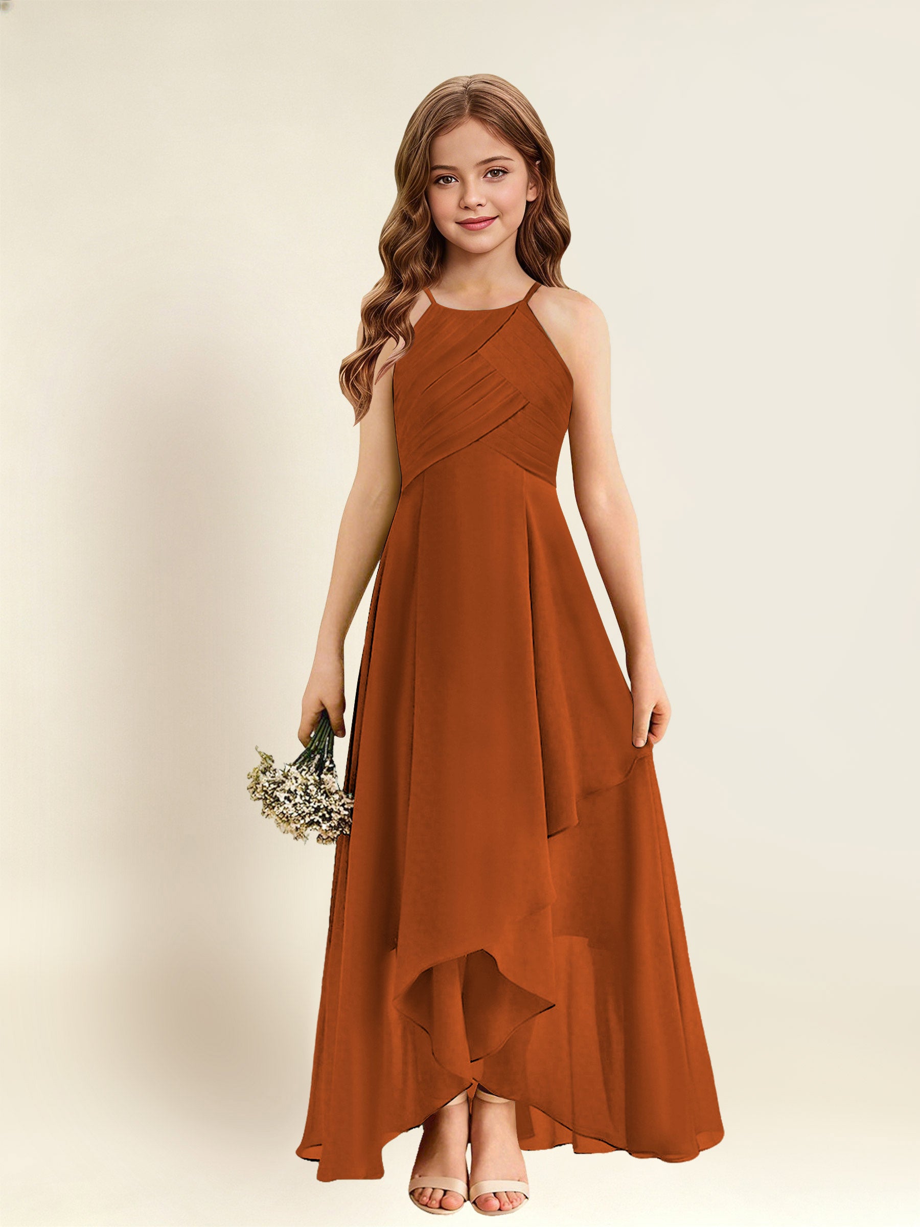 ROVDESY A-Line Halter Pleated Chiffon Junior Bridesmaid Dress