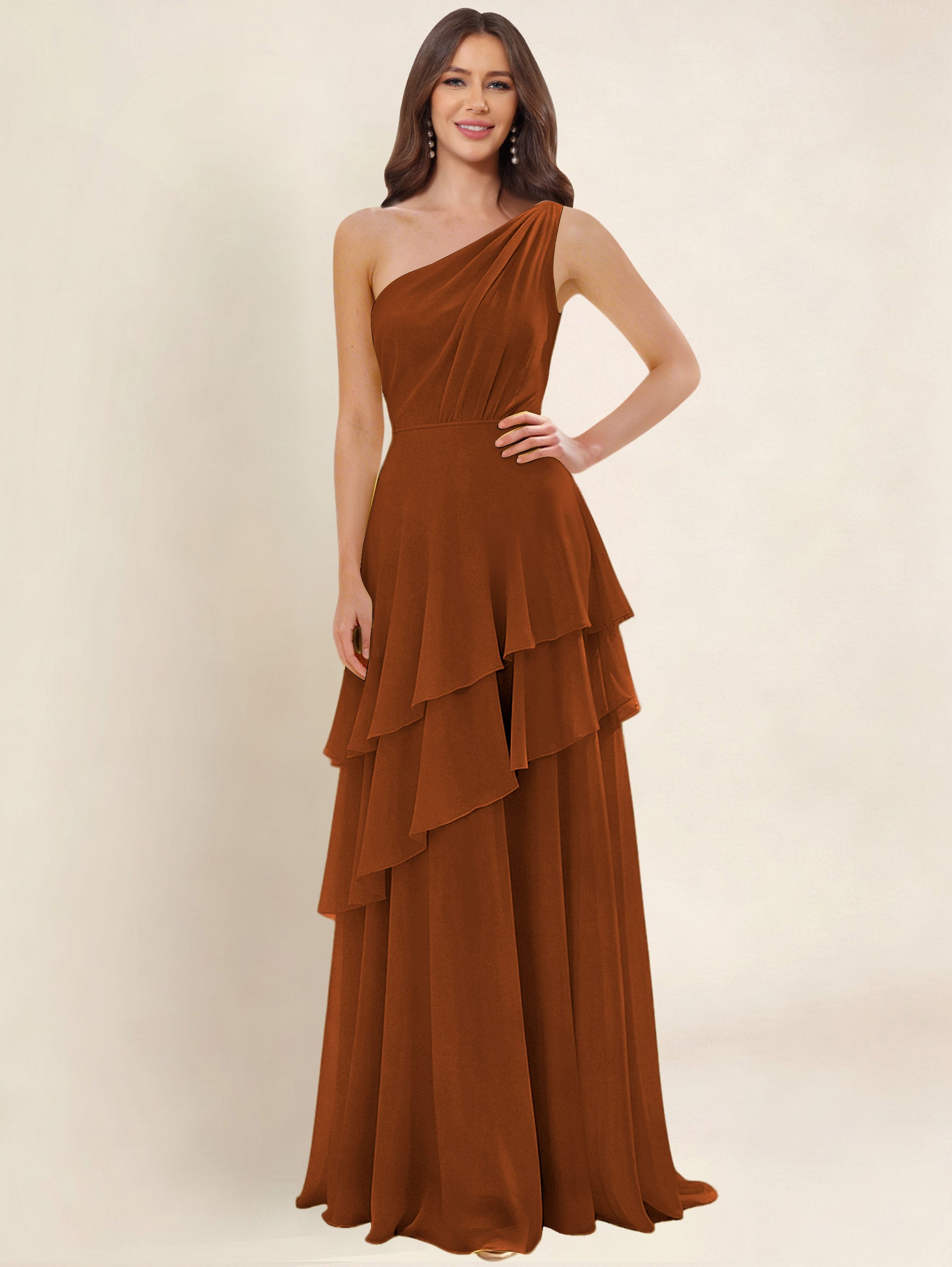 ROVDESY A-Line One Shoulder Pleated Tiered Chiffon Bridesmaid Dress