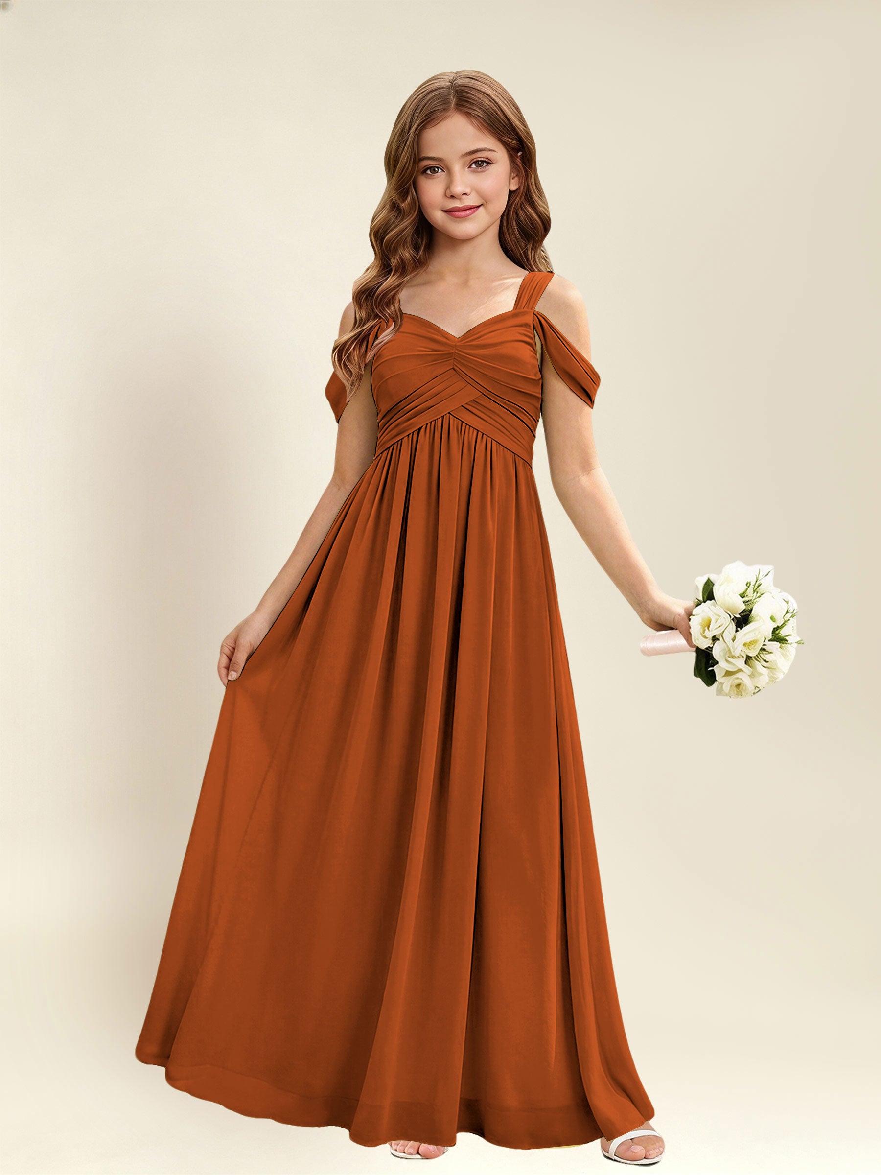 ROVDESY A-Line Off The Shoulder Pleated Chiffon Junior Bridesmaid Dress