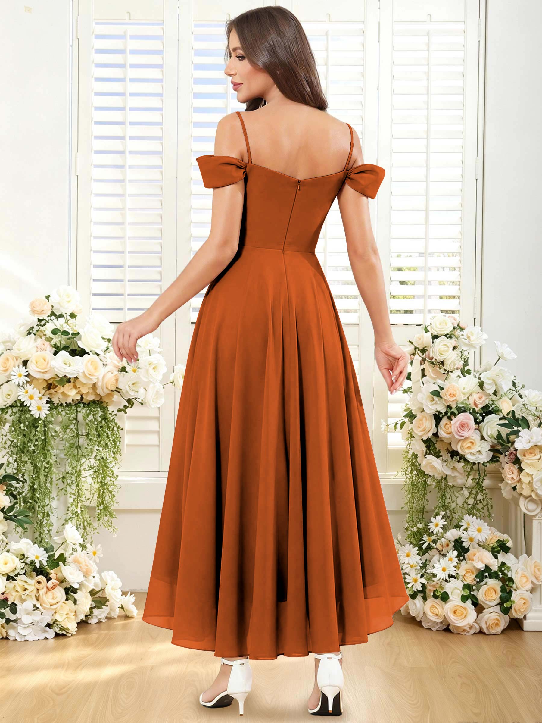 ROVDESY ROVDESY Short Cold Shoulder Sweetheart High Low Pleated Chiffon Bridesmaid Dress