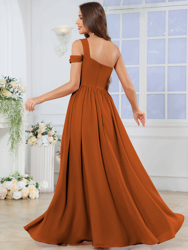 One Shoulder Pleated Chiffon Bridesmaid Dress With Slit