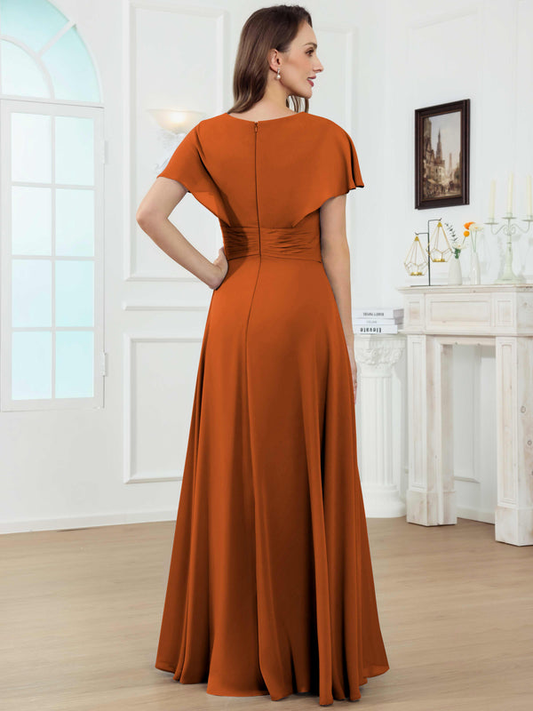 A-Line V-Neck Pleated Lace Chiffon Mother Of The Bride Dress With Short Sleeves