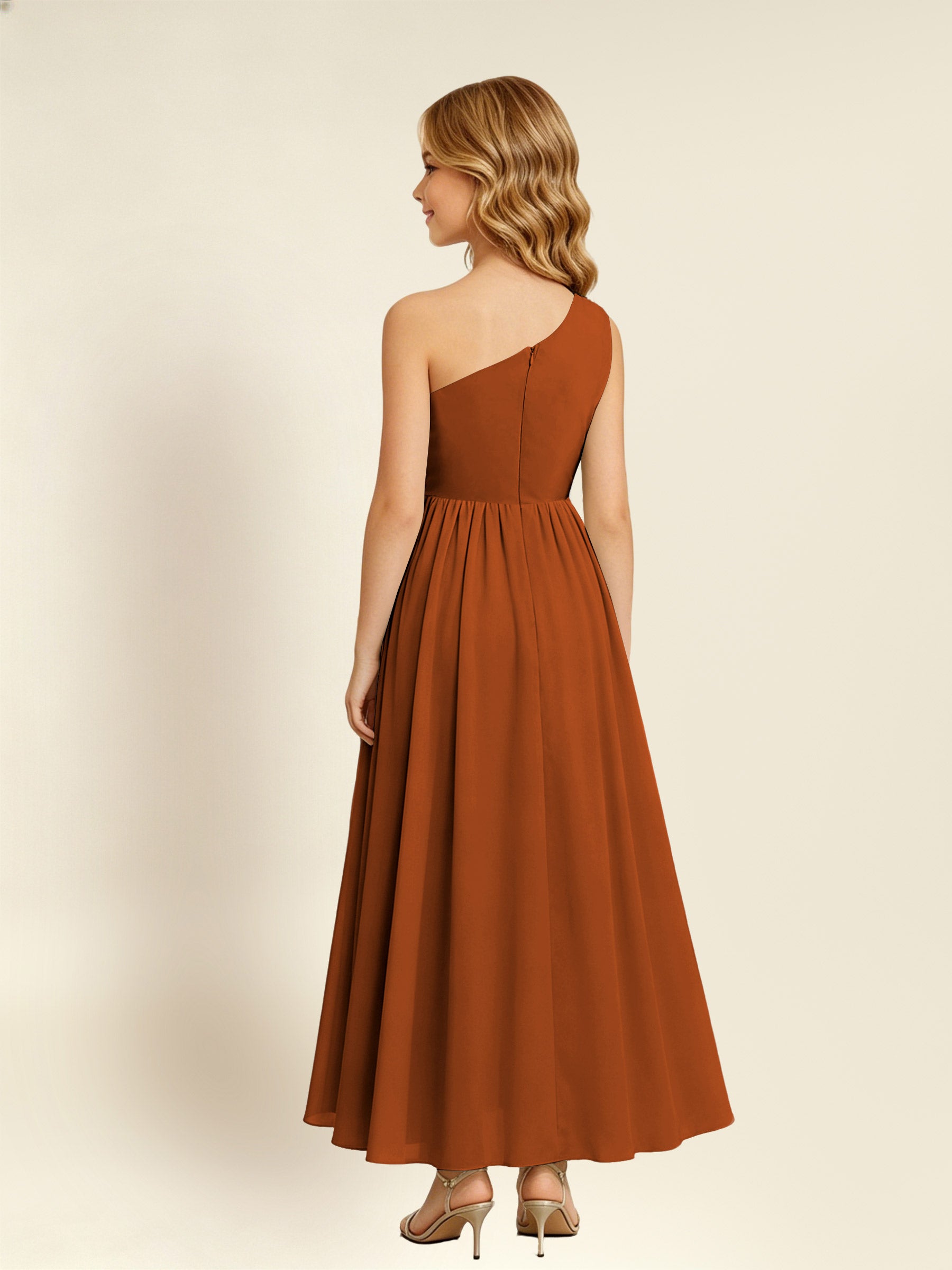 ROVDESY One Shoulder Twist Waist Chiffon Junior Bridesmaid Maxi Dress